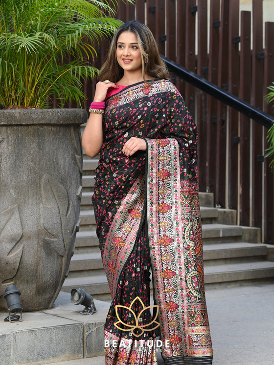 Women Modal black beautifully authentic floral woven saree.