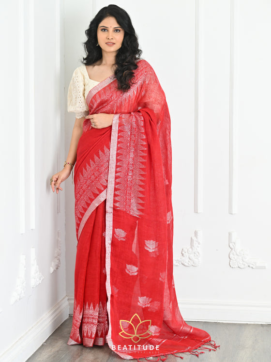 Red Pure Linen Saree With Golden Border - Andloo