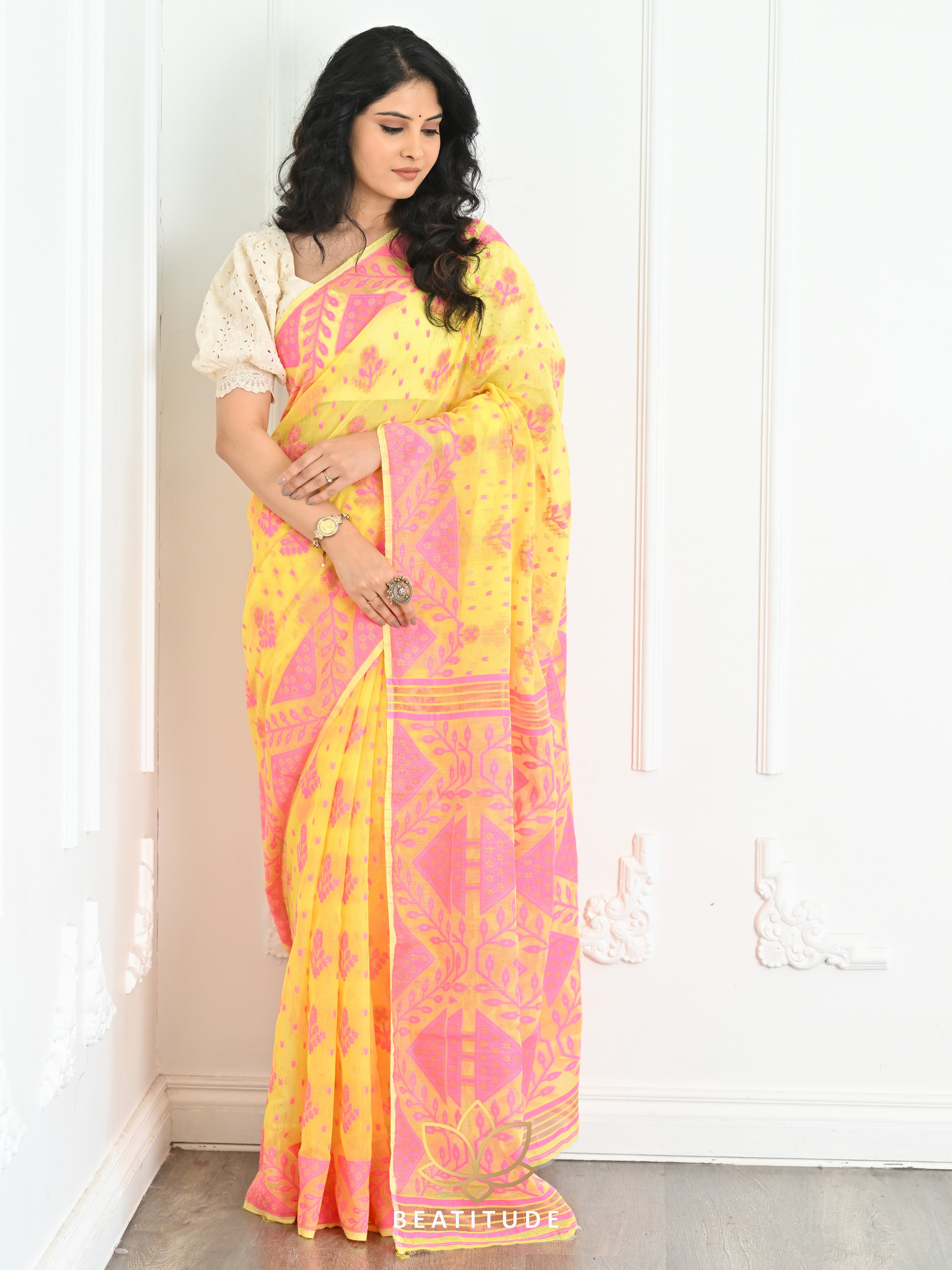 Yellow Jamdani Saree with Traditional Woven Design – ShopBollyWear.Com