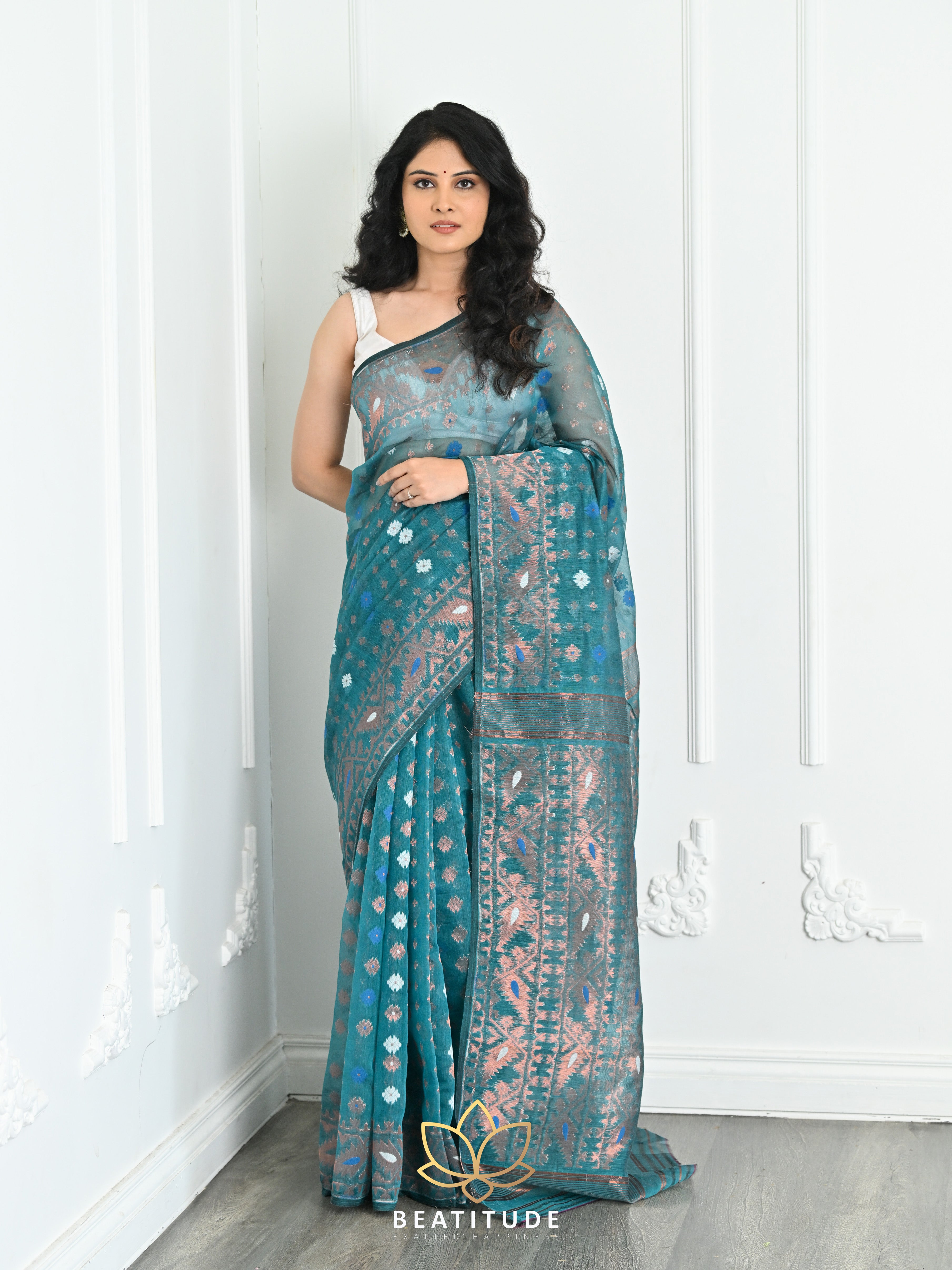 Sky blue handwoven cotton jamdani saree – GoCoop