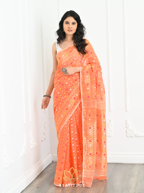 Buy VIA EAST Orange Pure Cotton Woven Design Jamdani Saree - Sarees for  Women 6987329 | Myntra