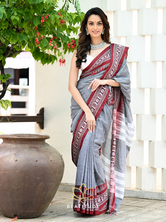 Buy Grey Handloom Plain Mulmul Cotton Saree-UNM75574 Online at  Unnatisilks.com|UNM75574