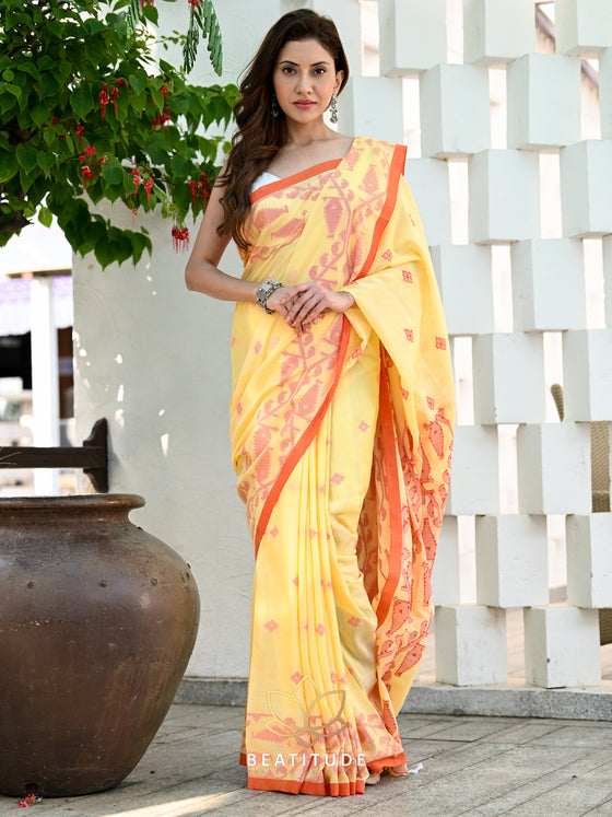 Yellow Fulia Cotton Gold Stripes Cotton Saree - On Order