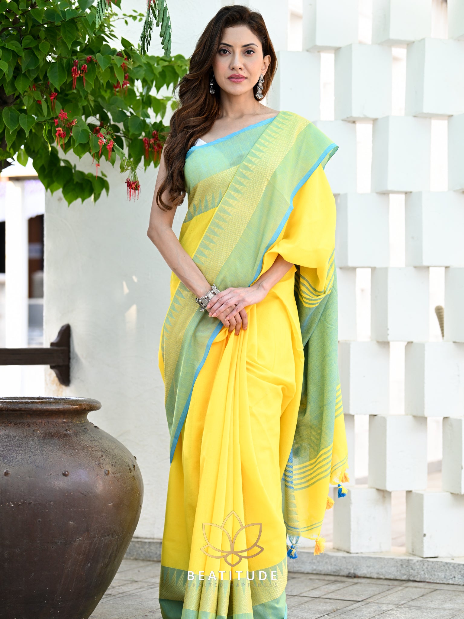 Woodentant women's handloom cotton silk saree yellow with golden zari work  with blouse piece.