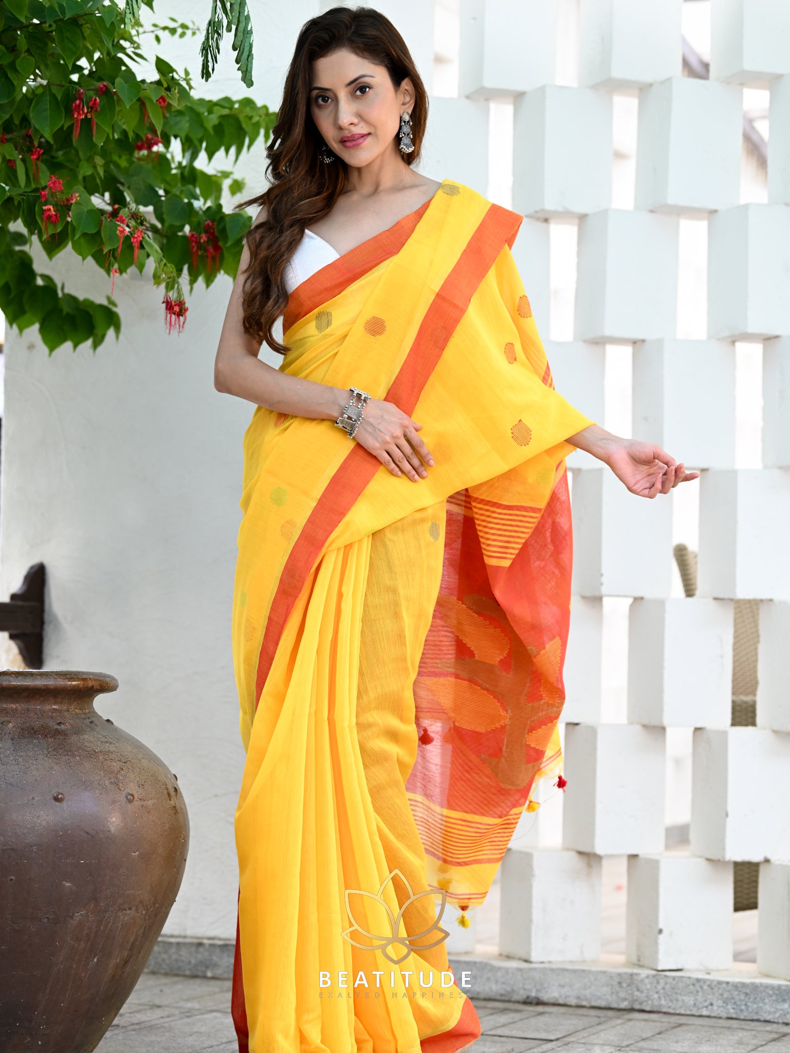 Yellow Bengal Cotton Saree with Red Border and Geometric Weaving -  Desically Ethnic