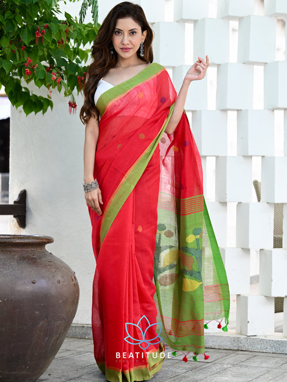 Green designer cotton silk saree with exclusive embroidered motifs –  TheDesignerSaree