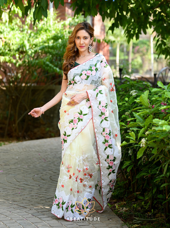 Off white 2025 embroidered saree