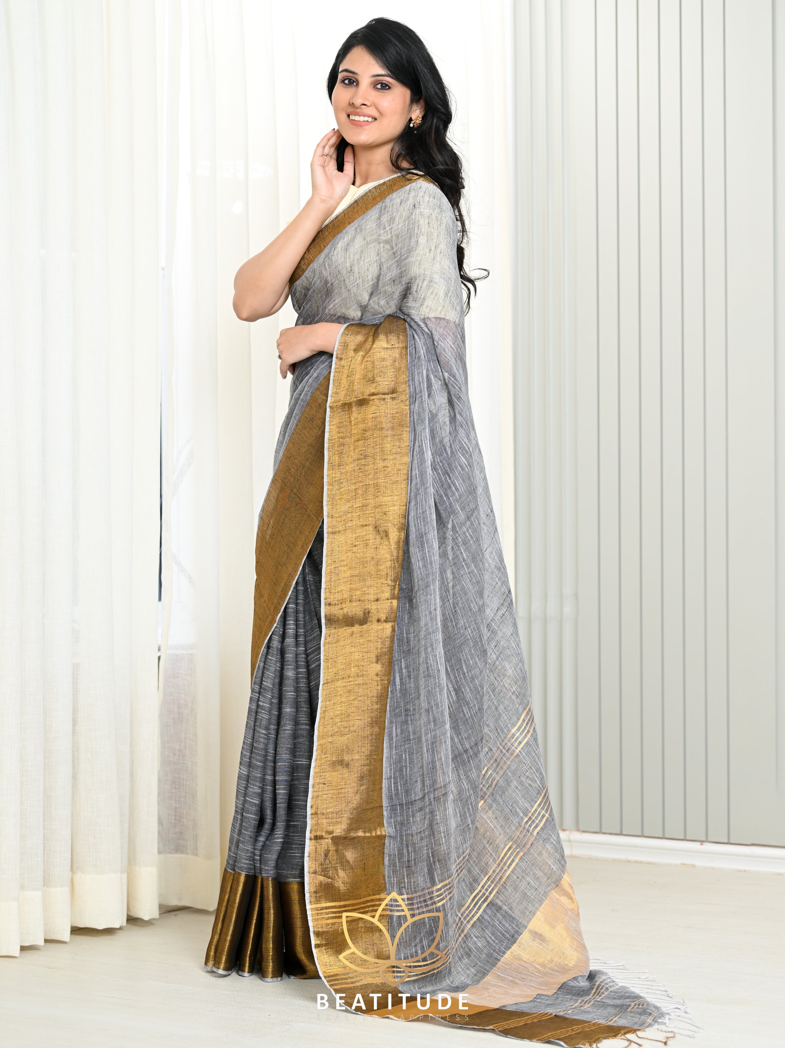 Grey Color Festive Look Awesome Linen Saree