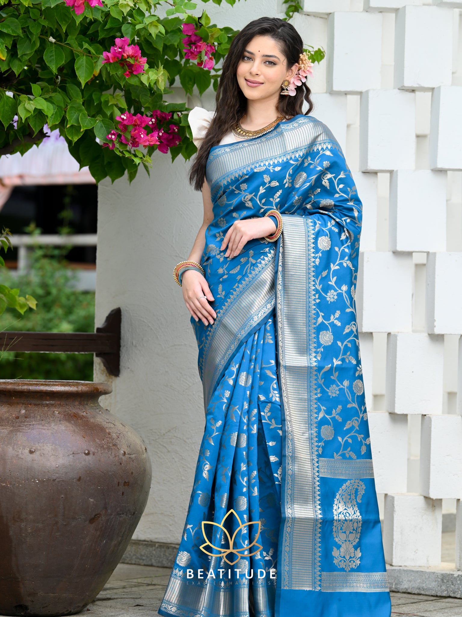 Peacock Blue Handwoven Banarasi Moonga Silk Saree - Shivangi Kasliwal