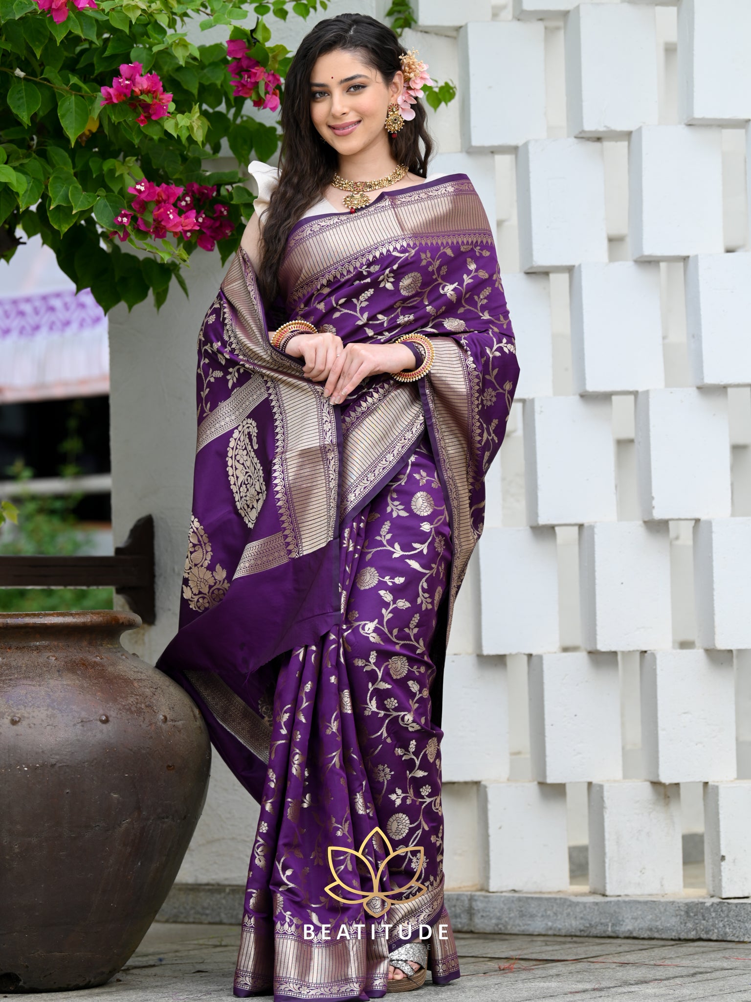 Buy HOUSE OF BEGUM Women's Purple Banarasi Satin Silk Saree With Stone Work  with Blouse Piece | Shoppers Stop