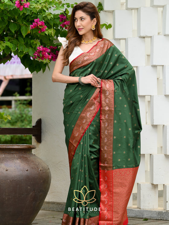 Bottle Green Banarasi Silk Woven Saree