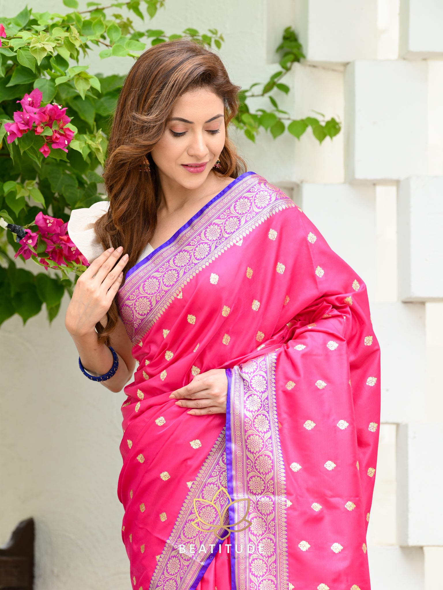 Crimson Pink Banarasi Silk Saree With Designer Blouse