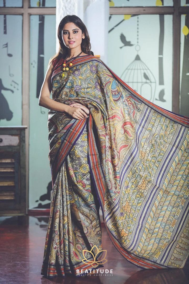 Tussar Kalamkari Sarees | Brown & Grey Zari Tussar IRamdhanu Ethnic