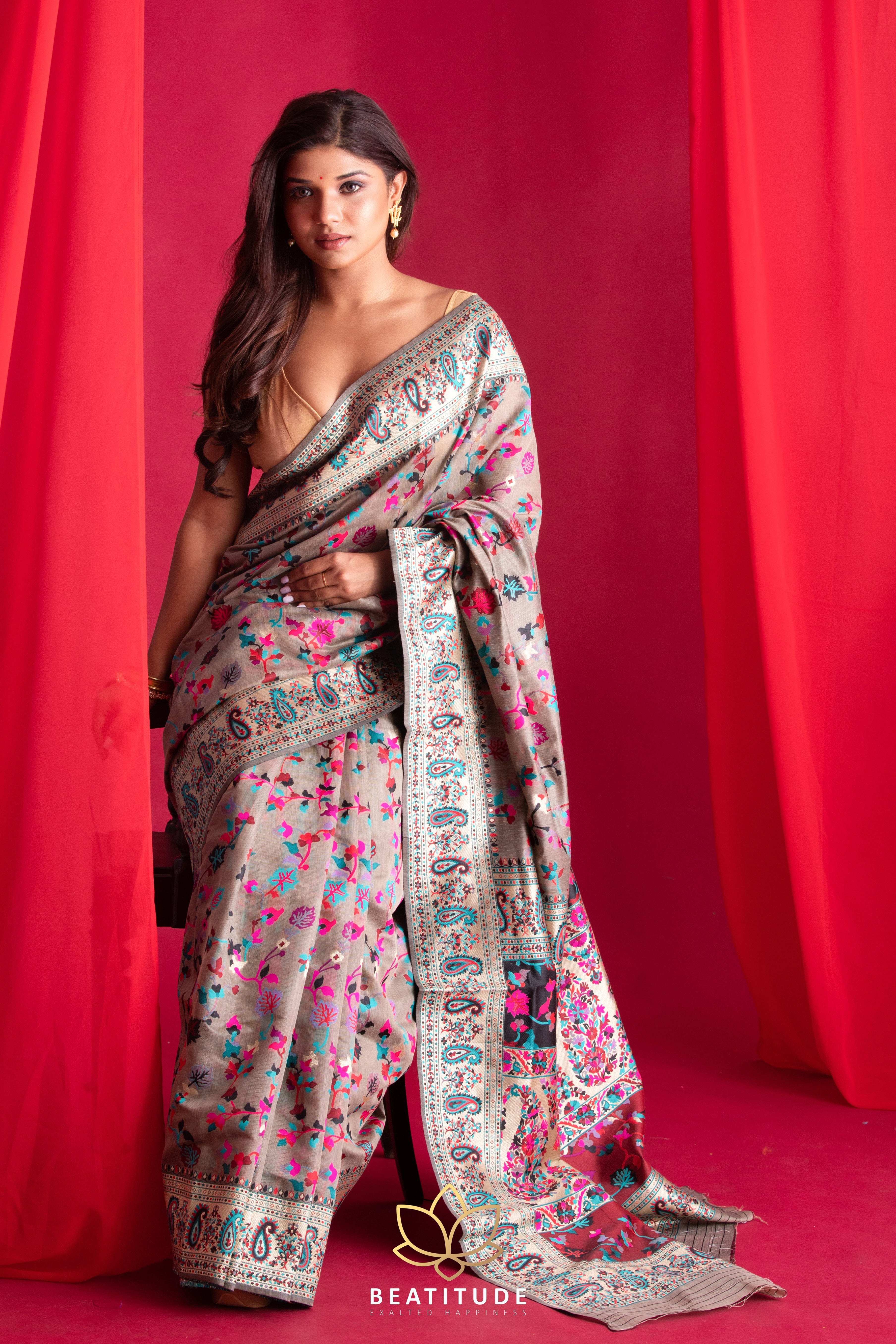 Navy Blue Pashmina Weaving Kashmiri Silk Saree for Weddings | Indian  Designe | The Silk Trend