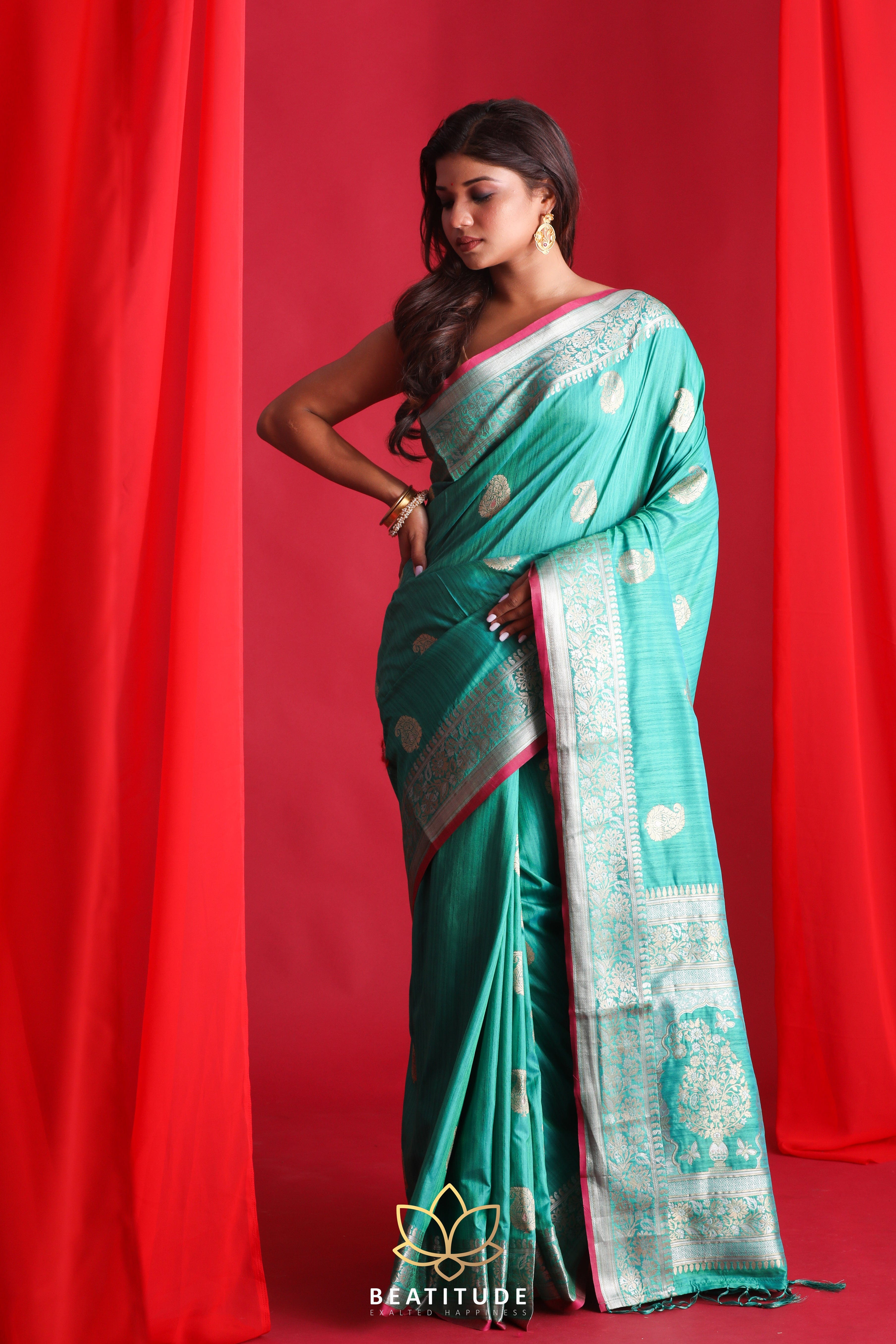 Sea Green Satin Silk Saree With Zarkan Work For Wedding | Kolour