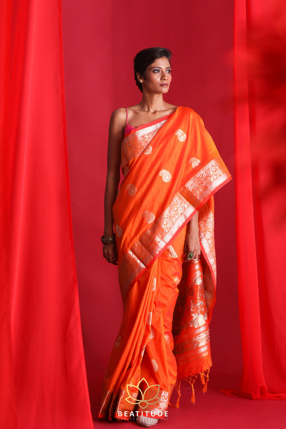 Maharani's Pure Banarasi Silk Saree - Orange and Pink Dual Shade (with –  Maharani Collections