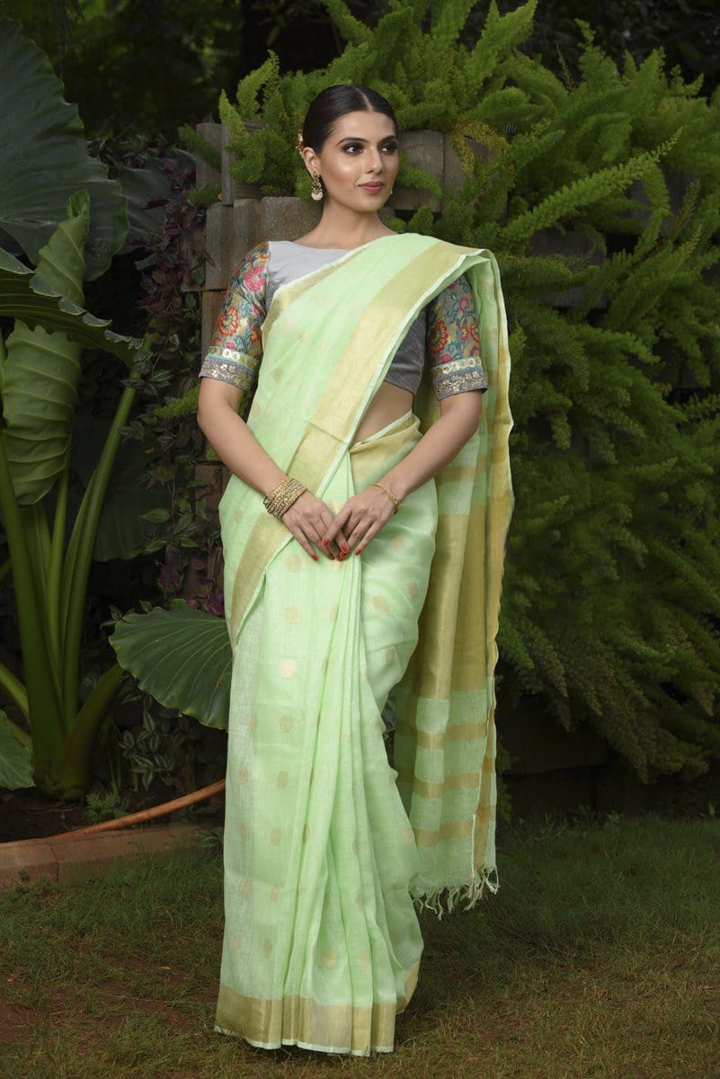 Parrot Green Linen Saree – RawaazFashion