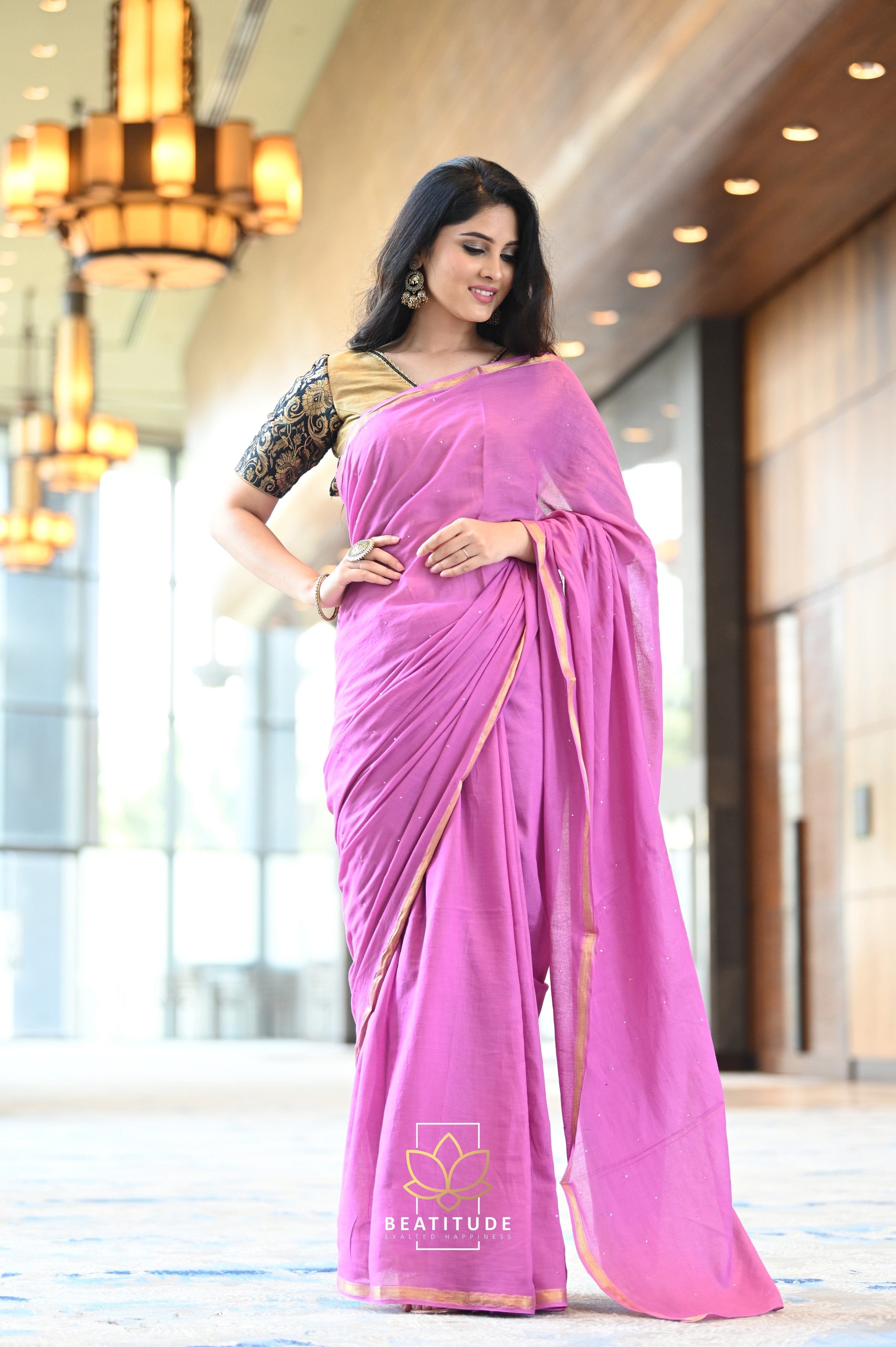 Light Purple Georgette Saree With Swarovski Stonework On The Borders And A  Stonework Added Unstitched Blouse | Saree, Purple satin, Satin saree