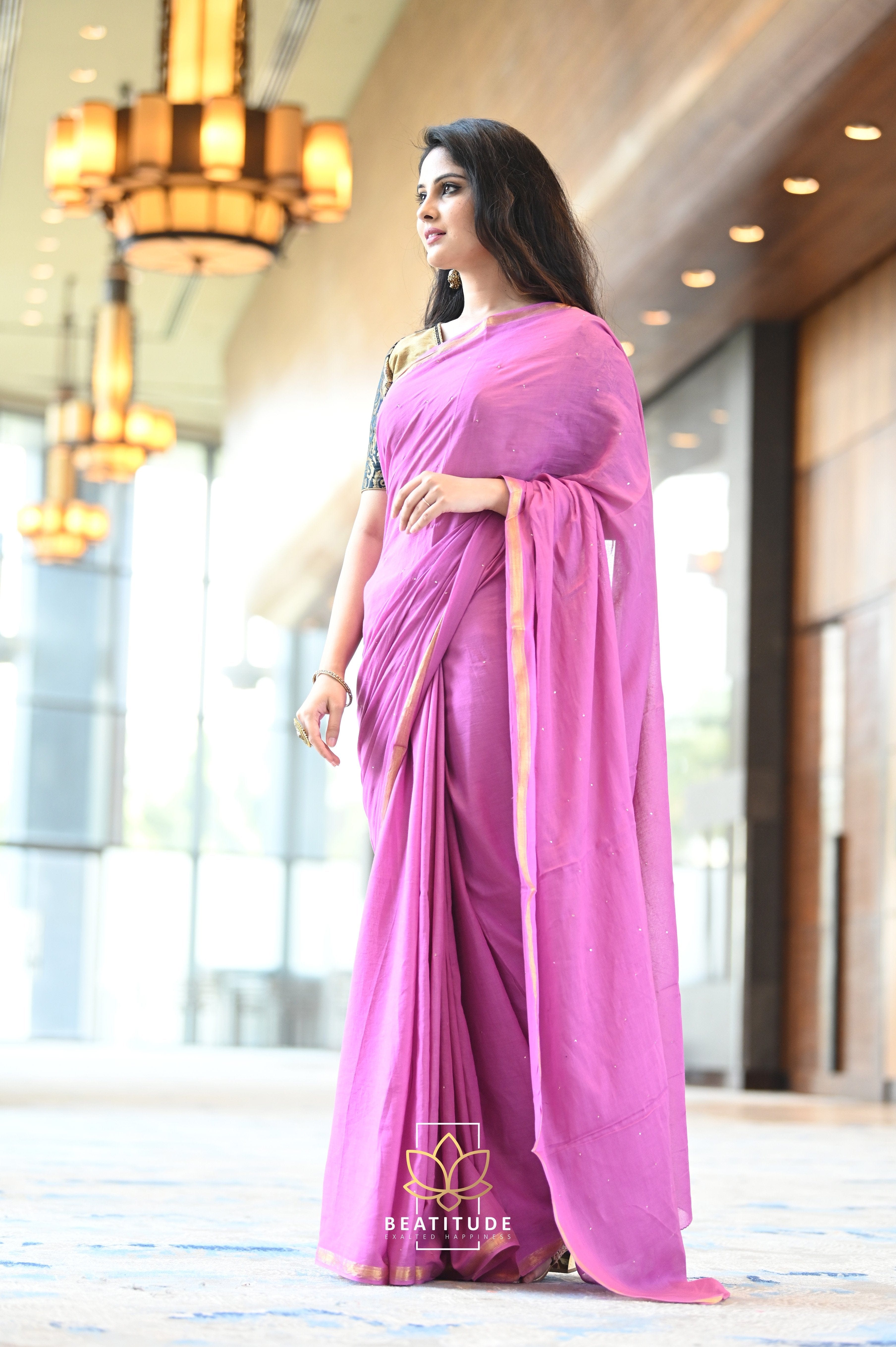 A Pure Viscose Satin Organza Purple Saree With Silk Blouse