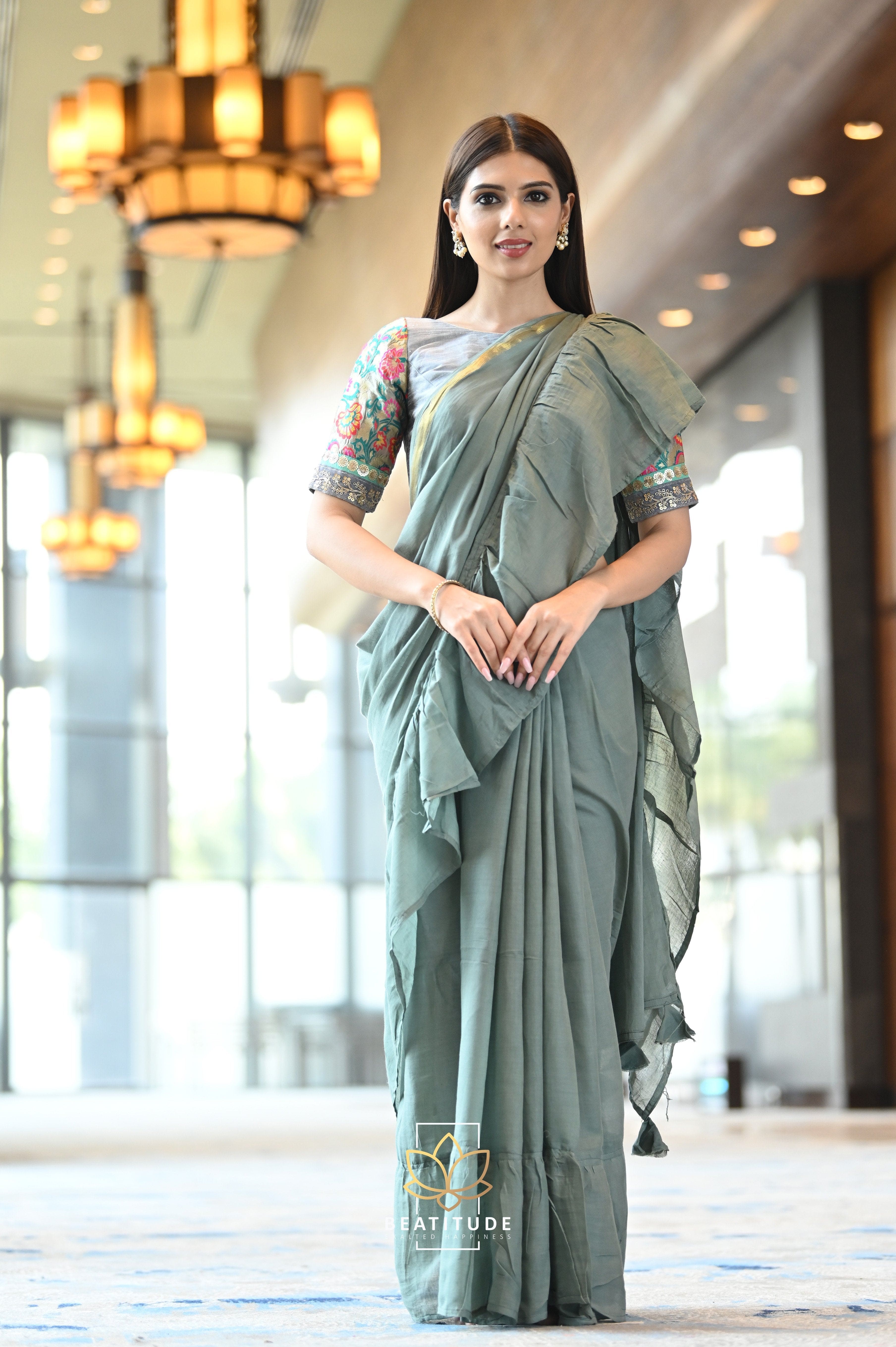 Cream Frill Saree With Green Printed Blouse – Chhavvi Aggarwal