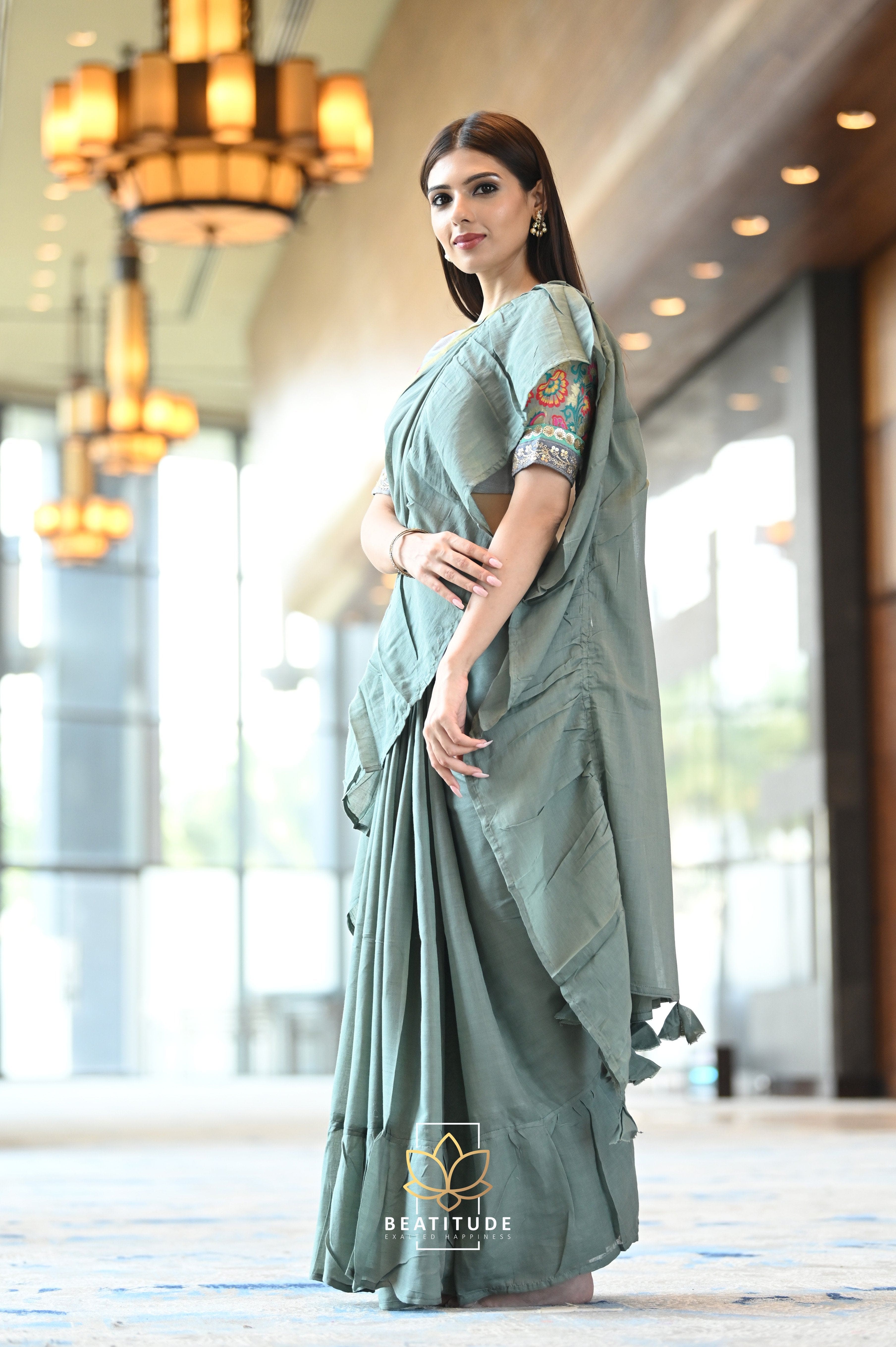 Buy Gajra Gang Rue de Ruffles Green Satin Georgette Ready to Wear Ruffle  Saree GGRRSAR12 (Free Size) Online