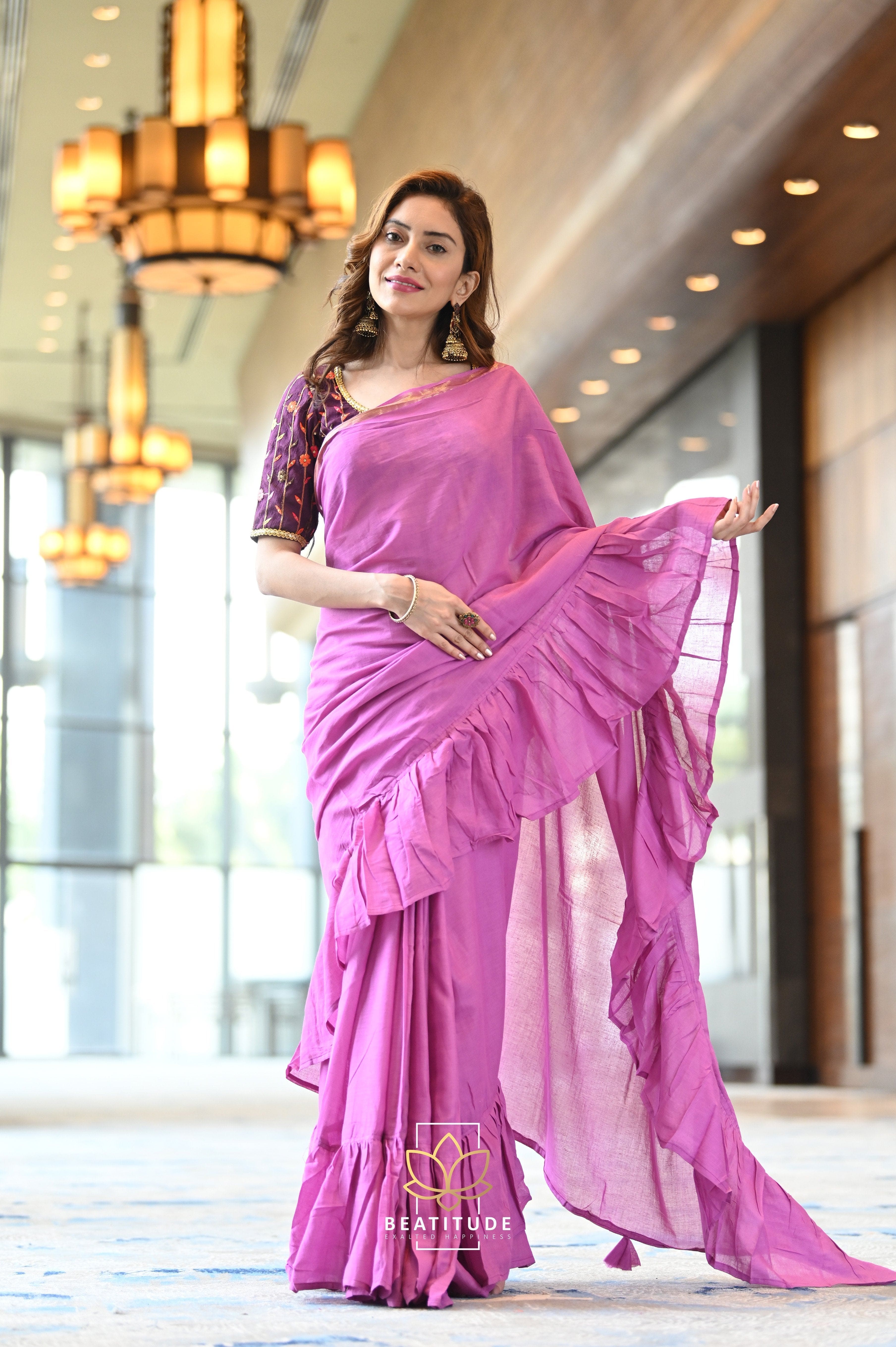 Bright Pink Soft Cotton Linen Saree with Golden Zari Border and Rich Pallu