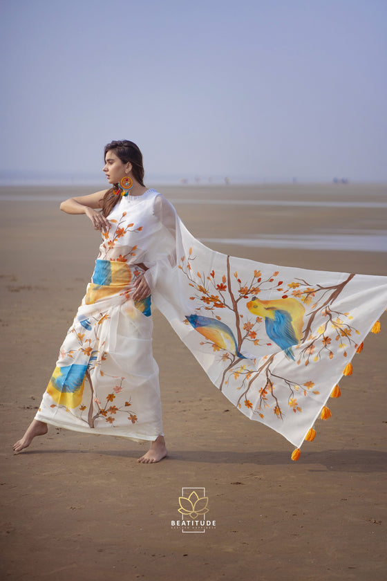 Yellow Hand Painted Organza Saree - Luxurionworld – Luxurion World