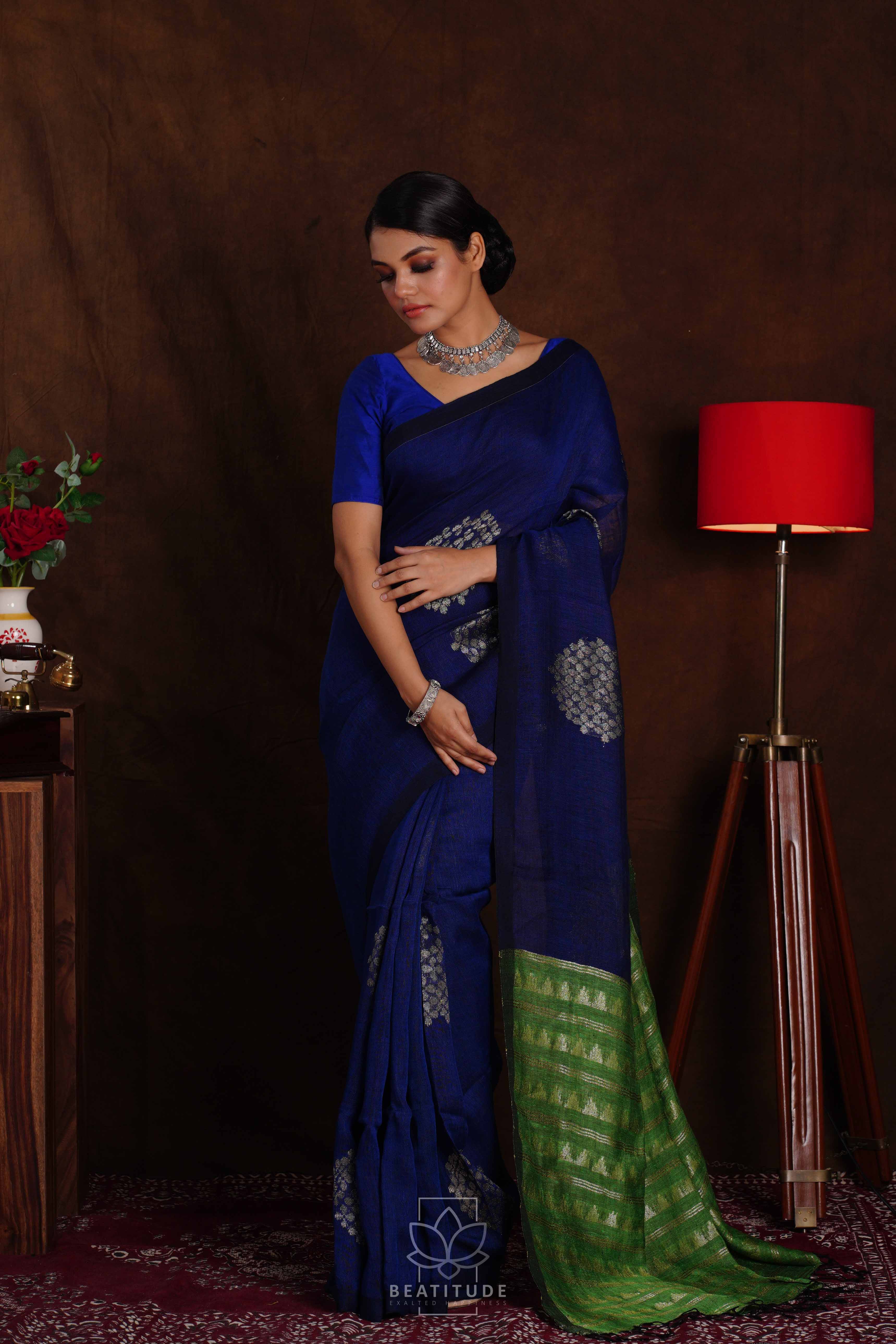 Gayatri - Buy Teal Blue Organic Linen Sari Online | Linen World