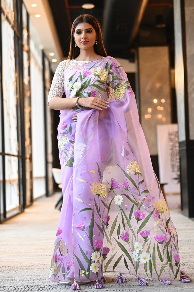 Lavender Soft Organza Silk Saree with Dark Purple Blouse | TST | The Silk  Trend