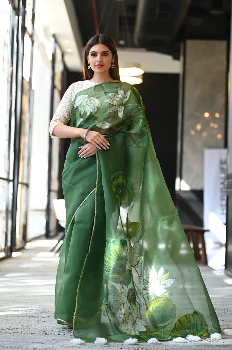 Buy Deep Green Saree In Organza With Bandhani Print And Embroidery