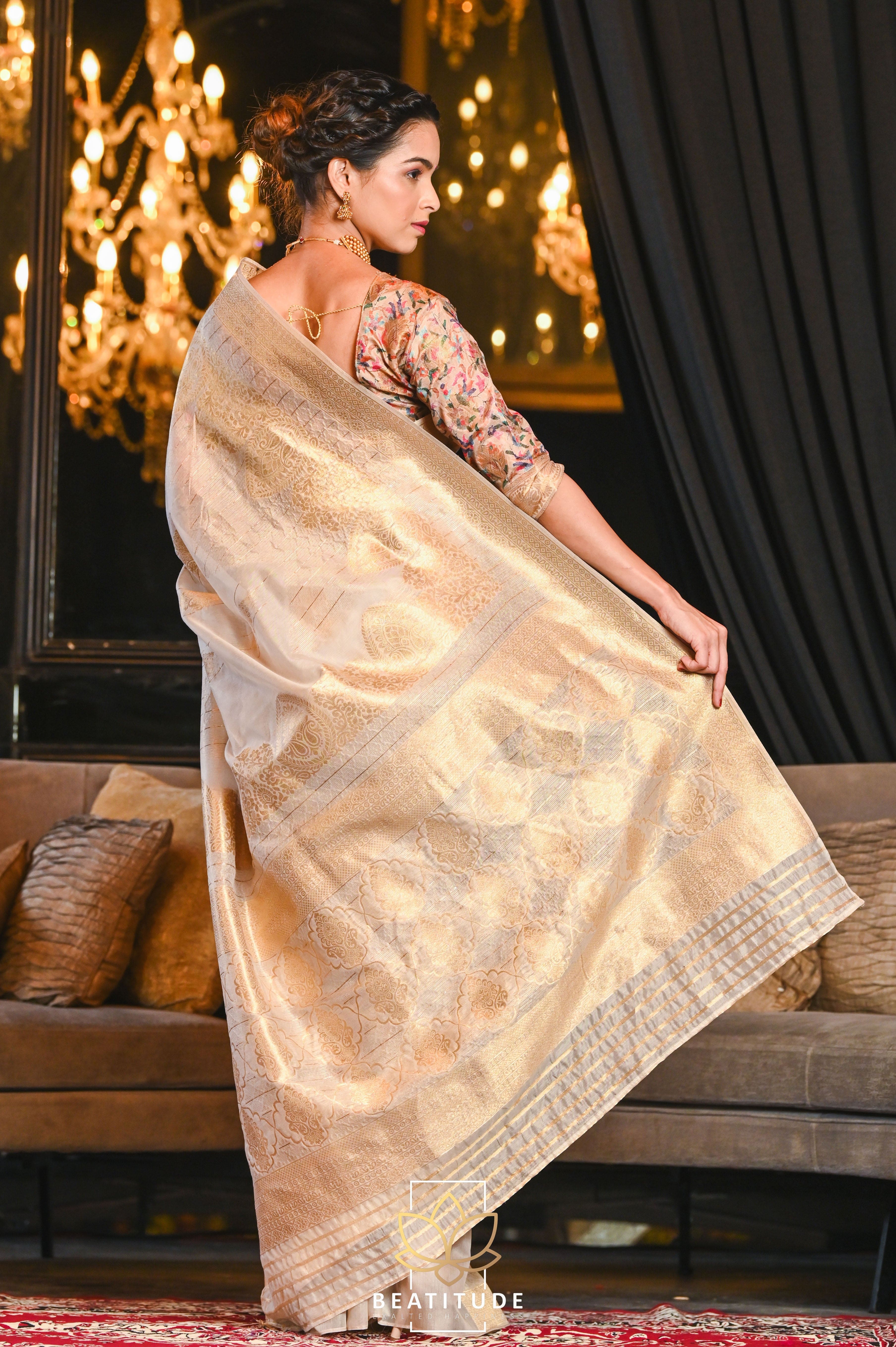 Elegant White Banarasi Silk Saree with Purple Border