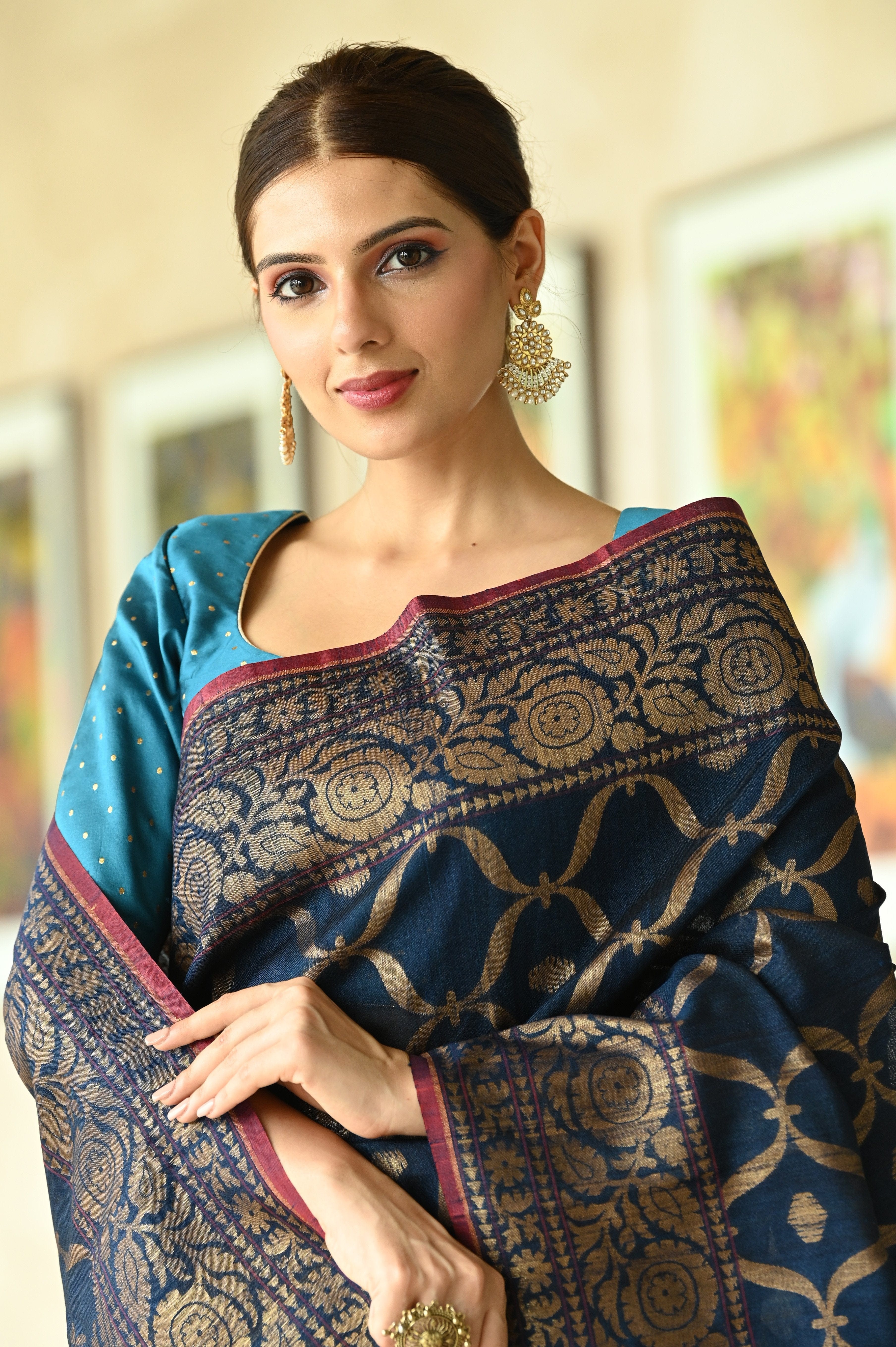 Turquoise Blue & Gold-Toned Floral Zari Silk Blend Banarasi Saree– Inddus.in