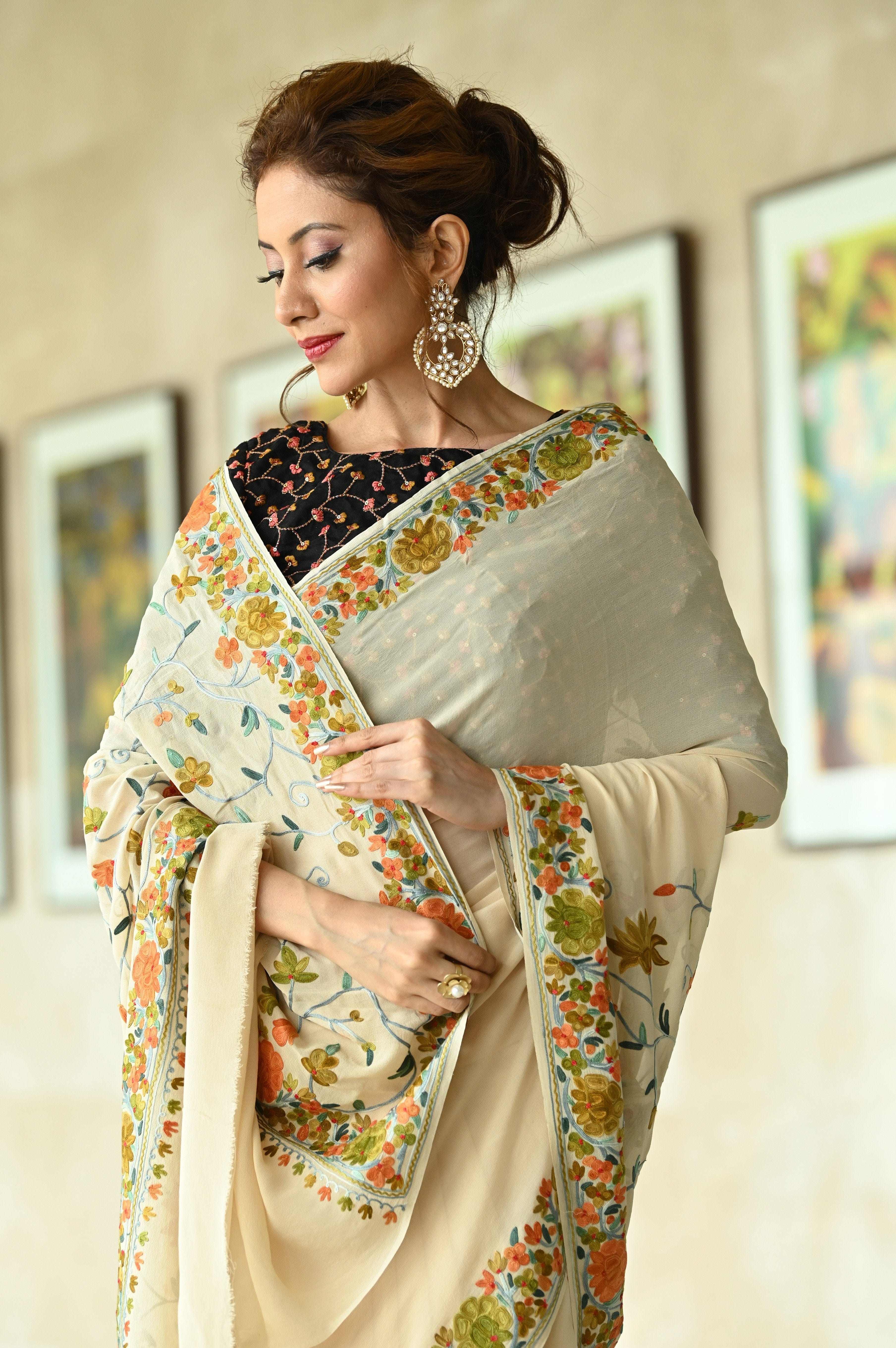 Kashmiri Embroidery Work Designer Saree in White and Mint Green Work –  Bengal Looms India