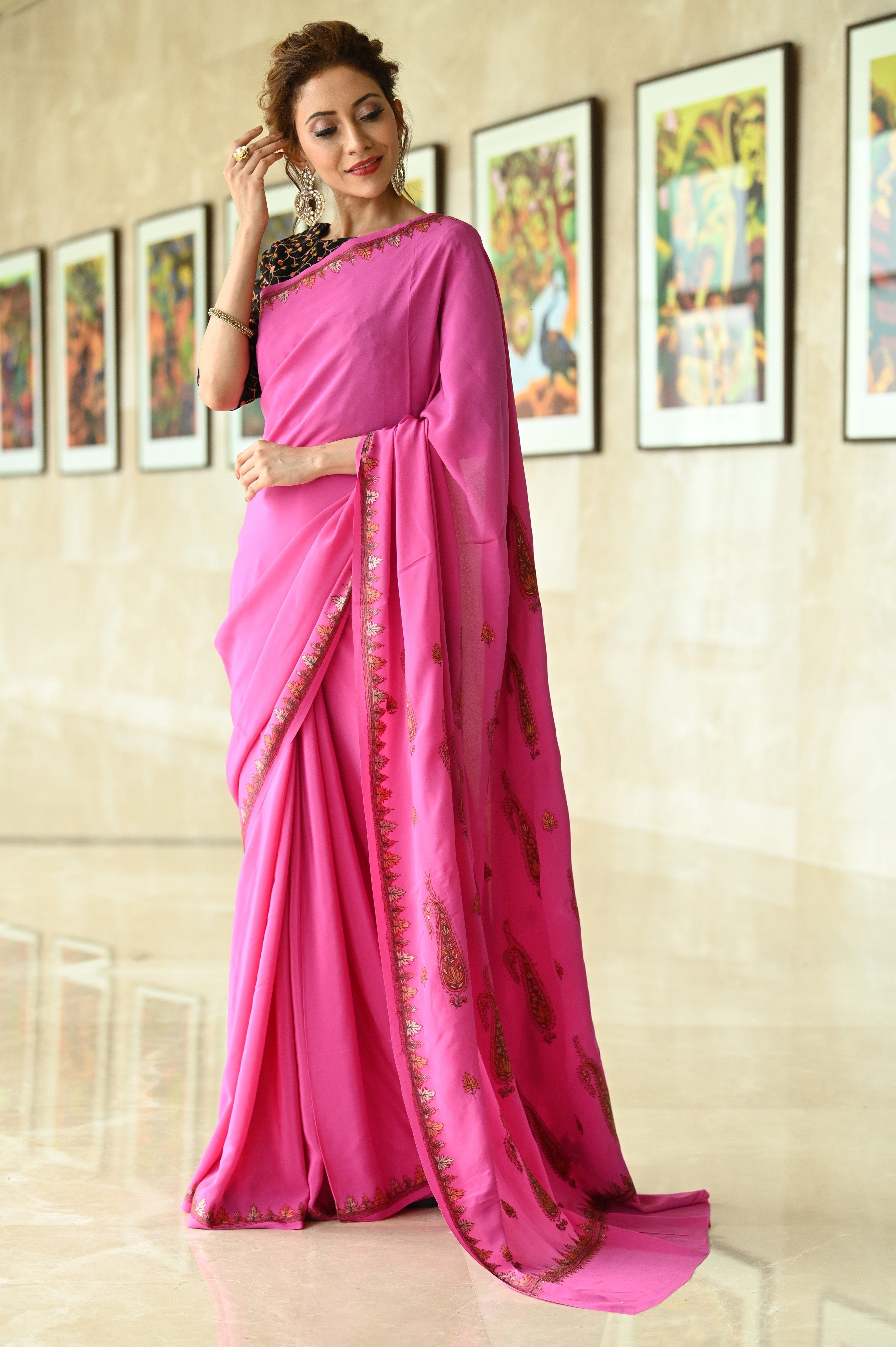 Semi organza saree pink shade with allover floral digital prints and g –  Prashanti Sarees