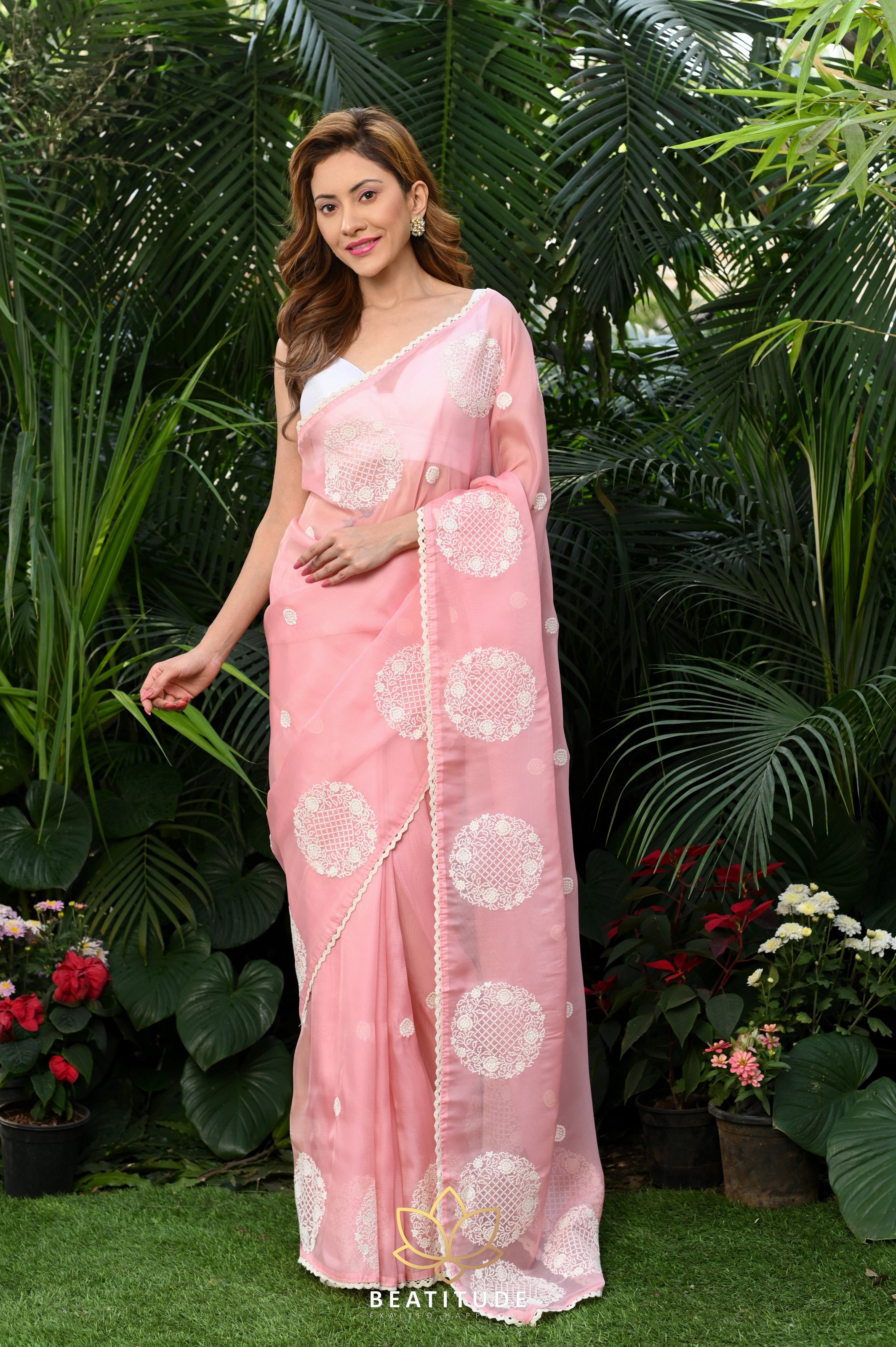 Floral Finesse | Ready-to-Wear Floral Organza Saree – Glamwiz India