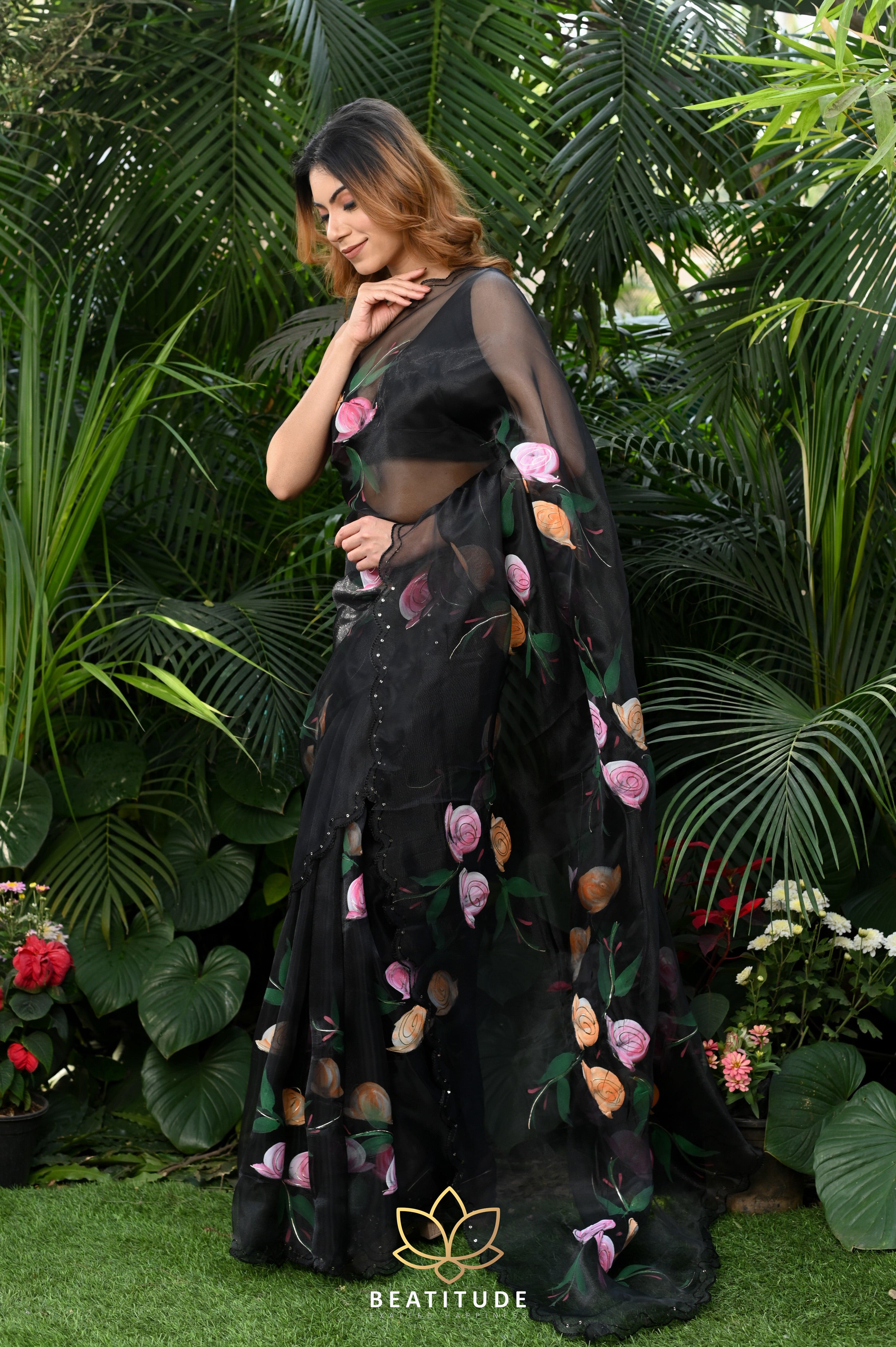 Deep BLack Floral Designer Georgette Saree WITH BLOUSE - WHITE FIRE -  3844651
