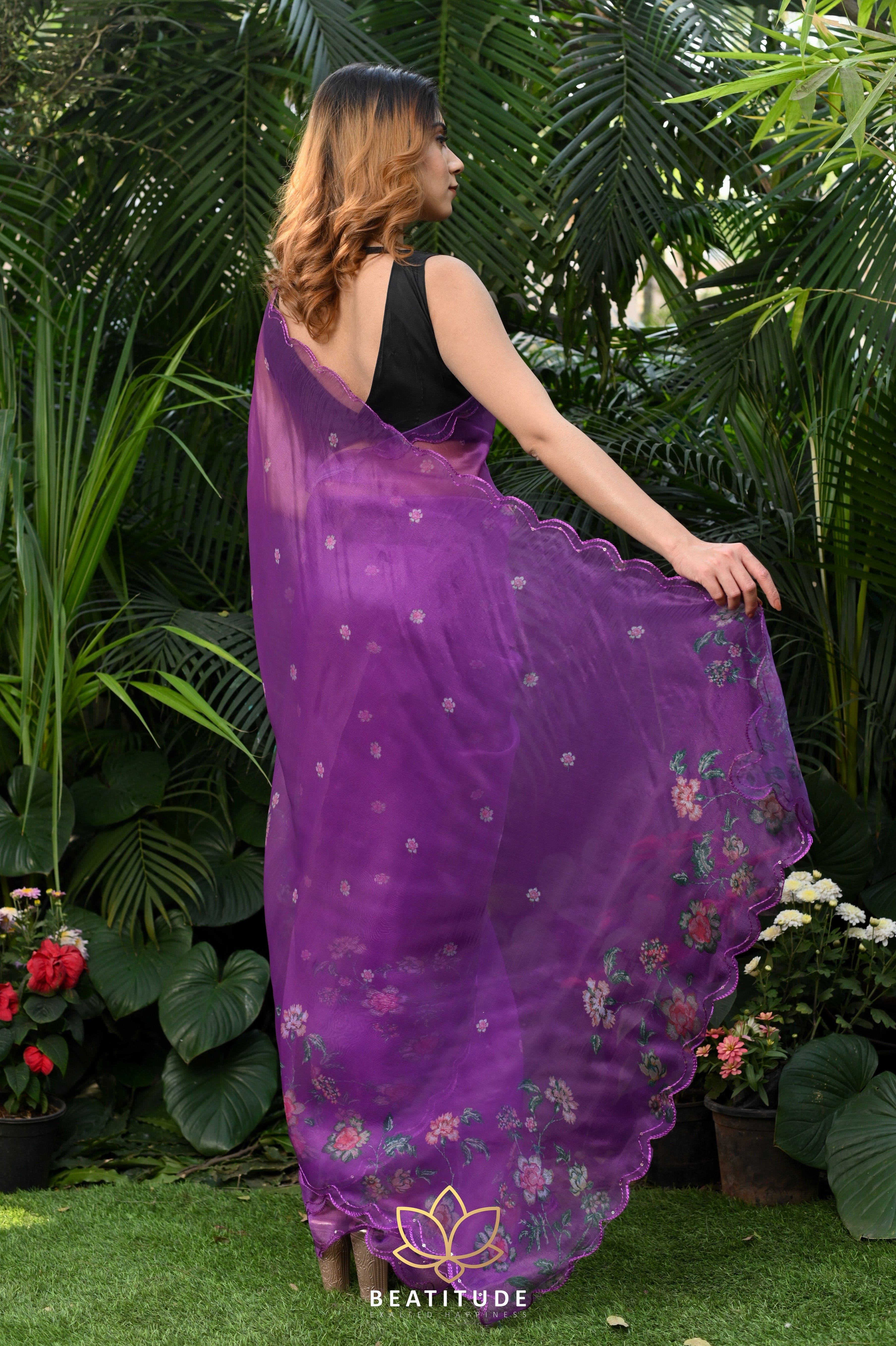 Fashion Stylist Floral Print Organza Lavender Purple Saree|SARV125386