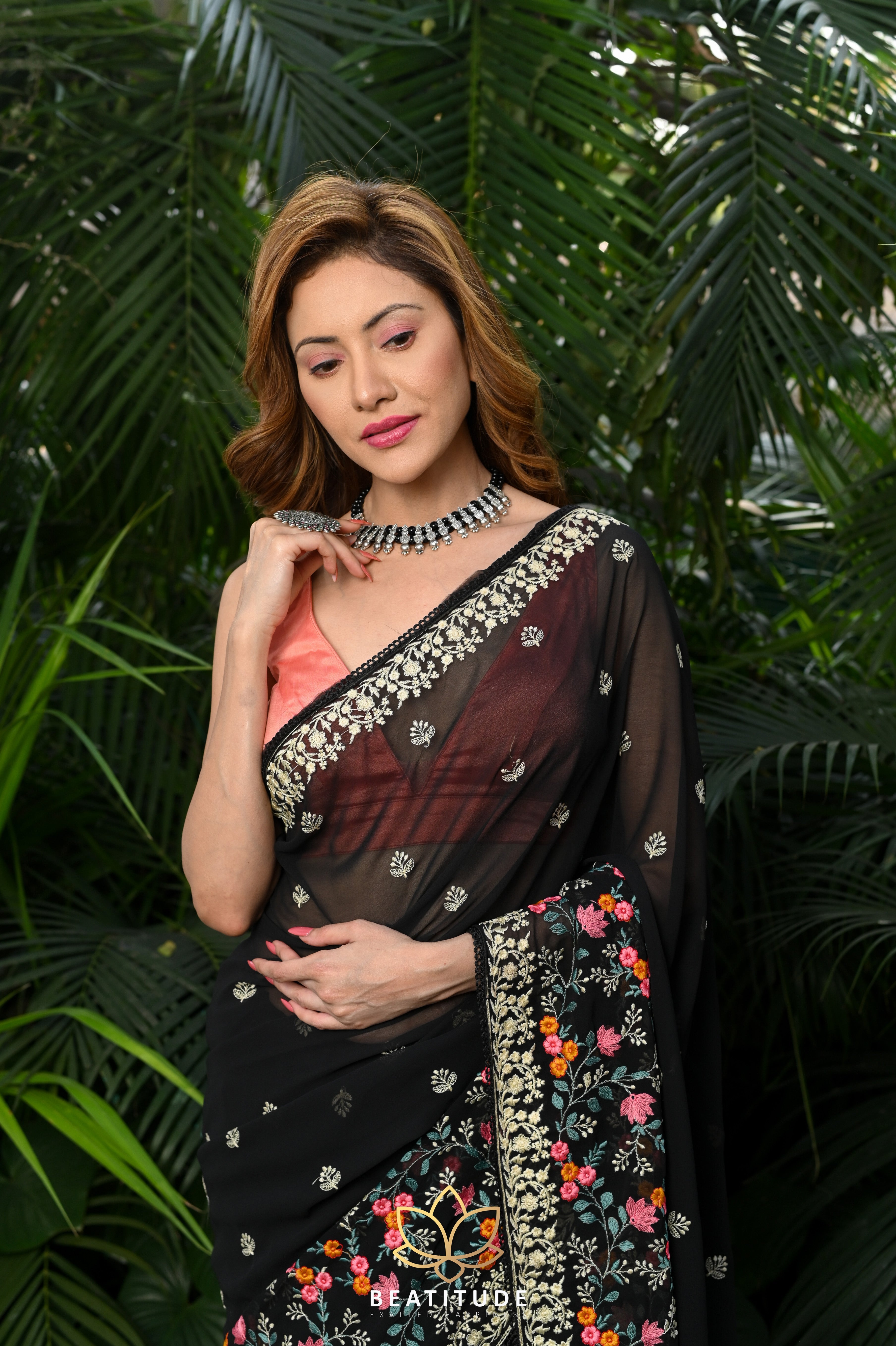 Black saree with embroidery sale