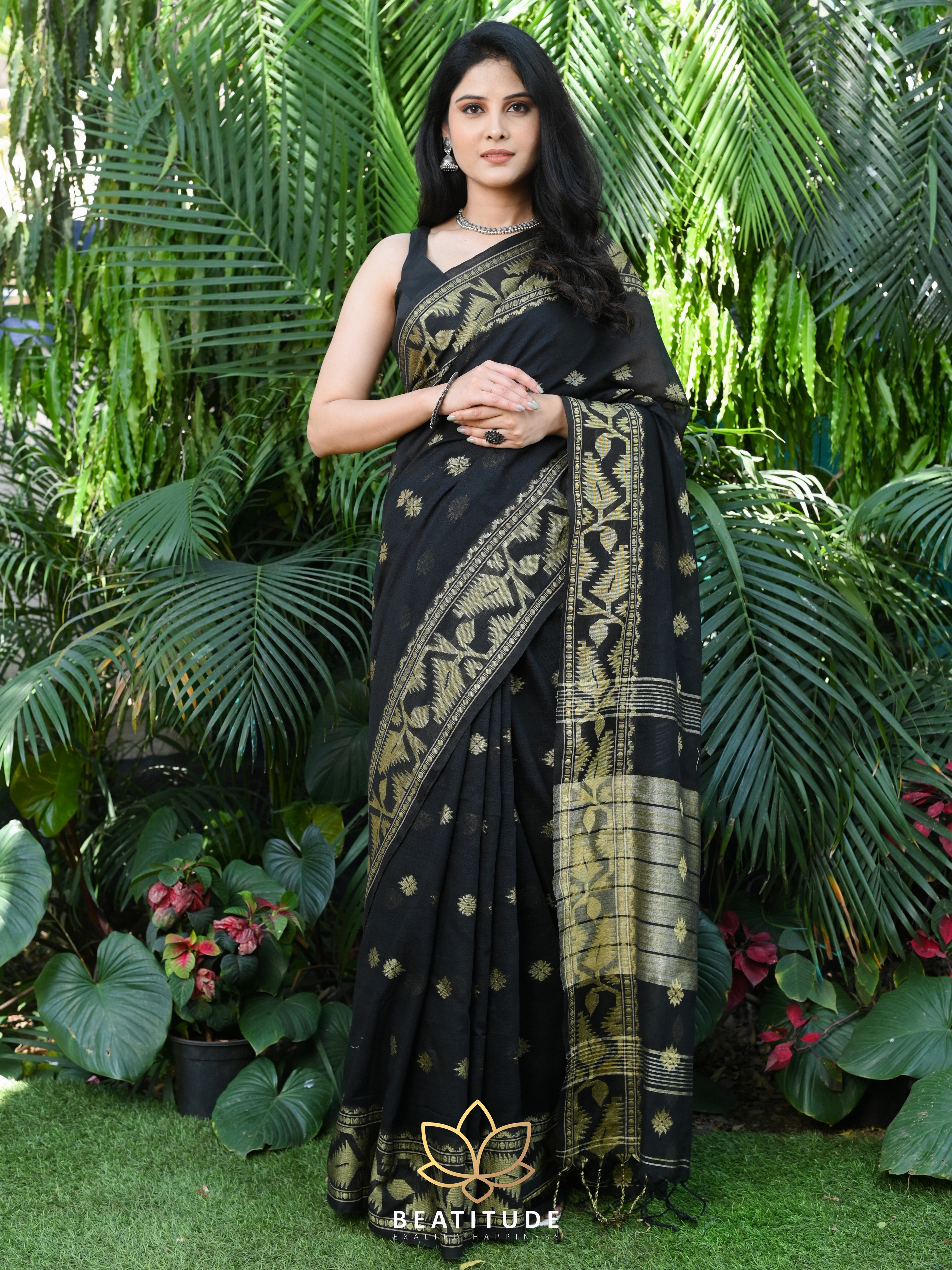 Black Plain Work Khadi Cotton Handloom Saree With Blouse - SS Saree -  3256044