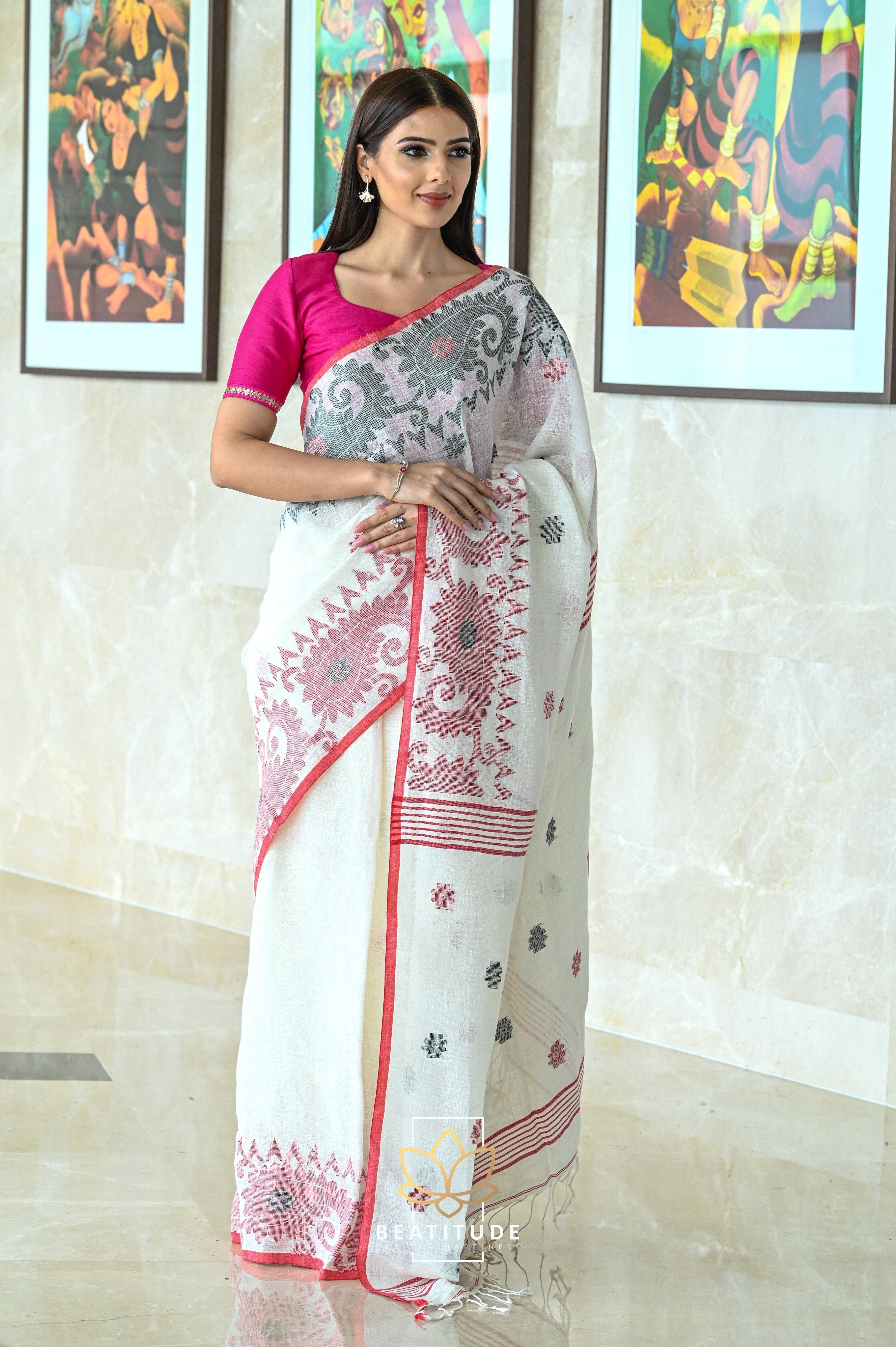 Linen Jamdani Saree with Designer Border- Black - The Bong Collection