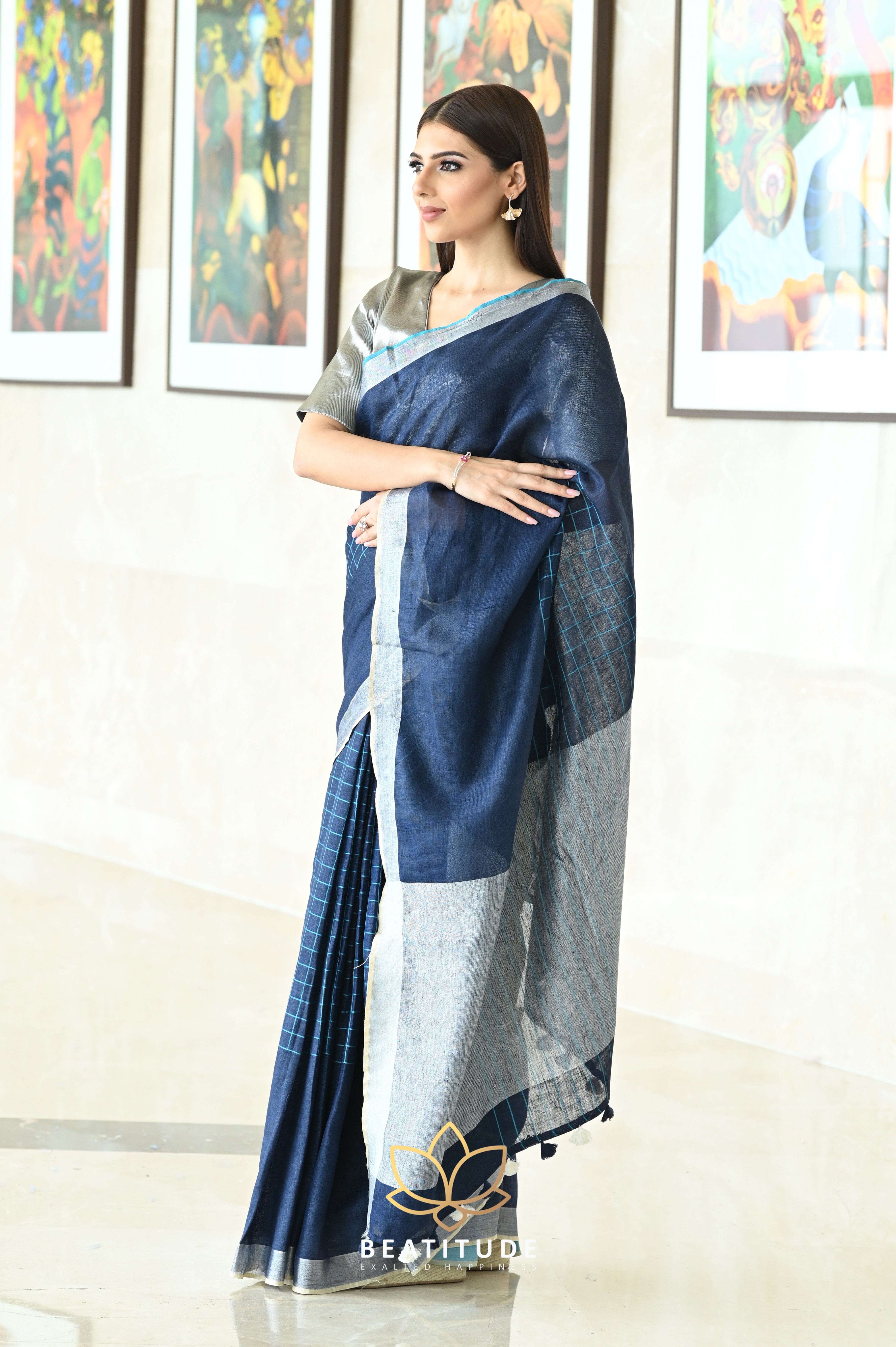 Blue Linen Saree In Zari Woven Work 5017SR02