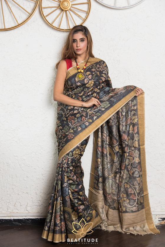 Handcrafted Pichwai Penkalamkari on Handloom Upada Silk Saree - Seerat