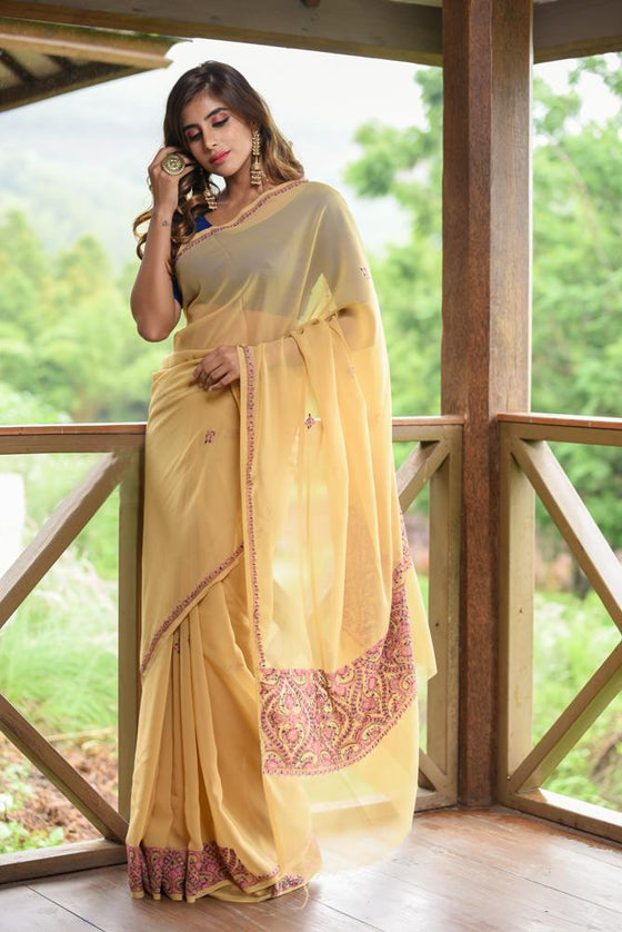 Yellow woven georgette saree with blouse - BANARASI SILK WORKS - 3516650