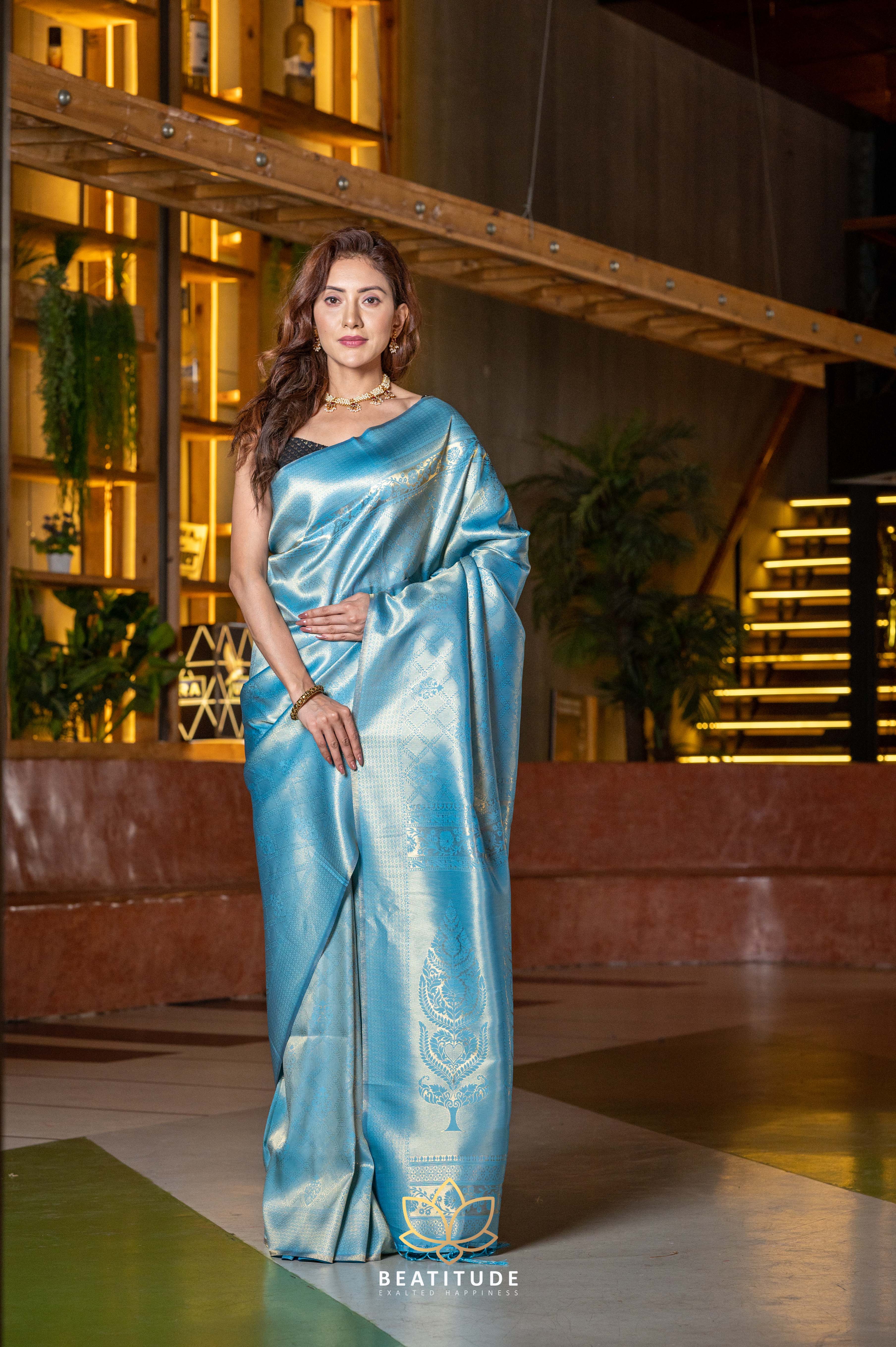 Sky Blue Kanjivaram Silk Woven Saree | Sky blue saree, Blue saree,  Traditional sarees