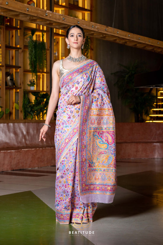 Handloom Lavender Double Shade Pure Silk Kanjivaram Saree With Antique –  WeaverStory