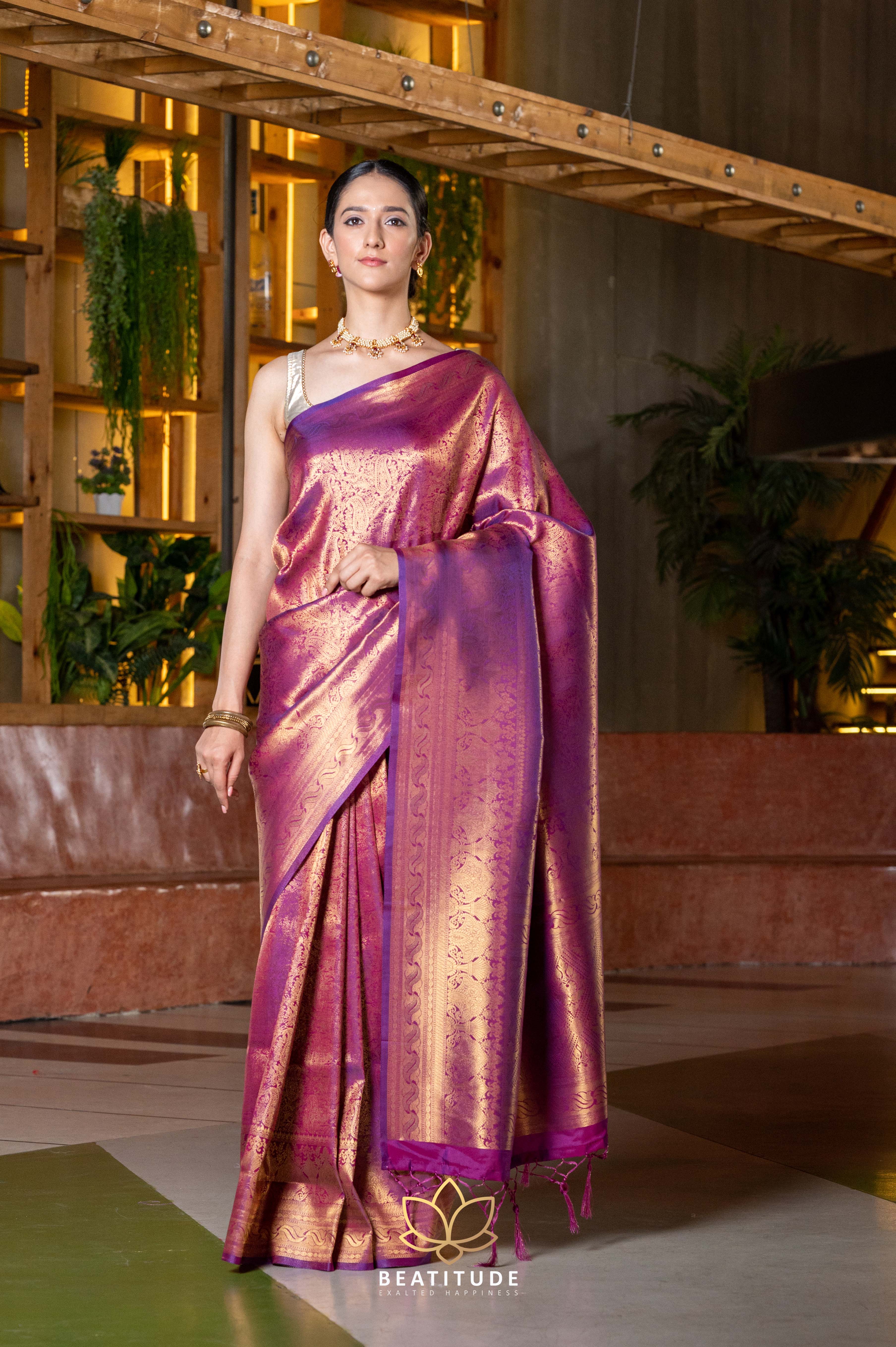 Rum Purple Bronze Zari Woven Kanjivaram Saree – MySilkLove