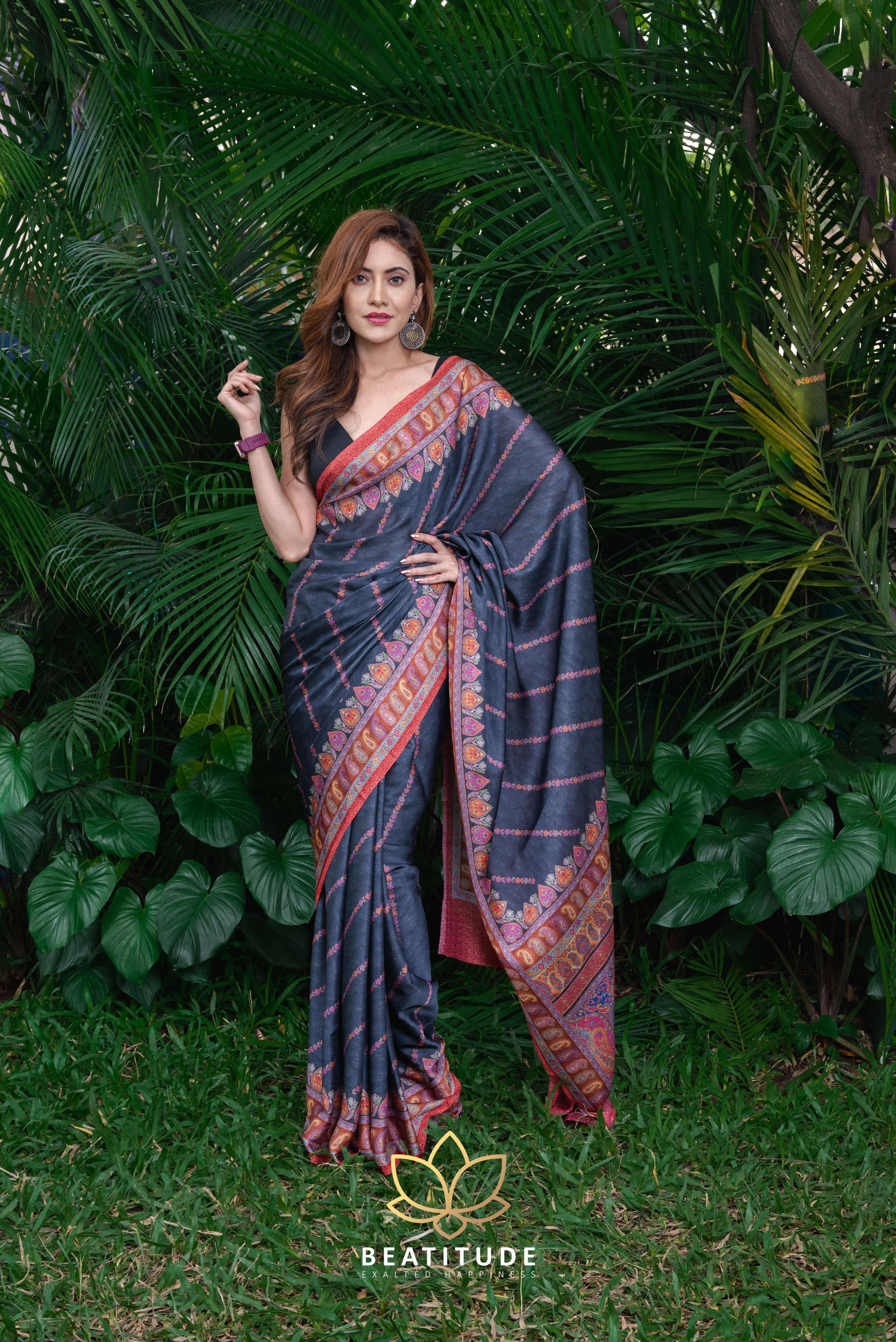 Multi Colored Printed Satin Silk Saree