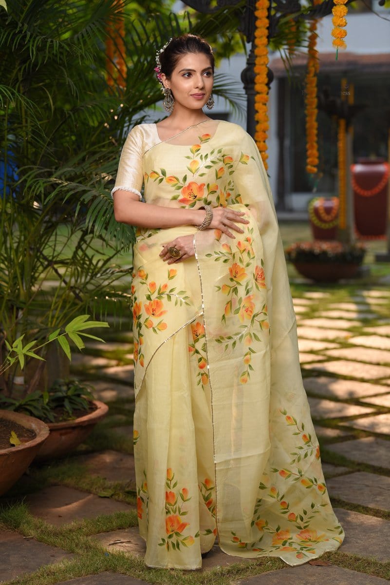 Pastel Yellow Resham Embroidered Organza Saree