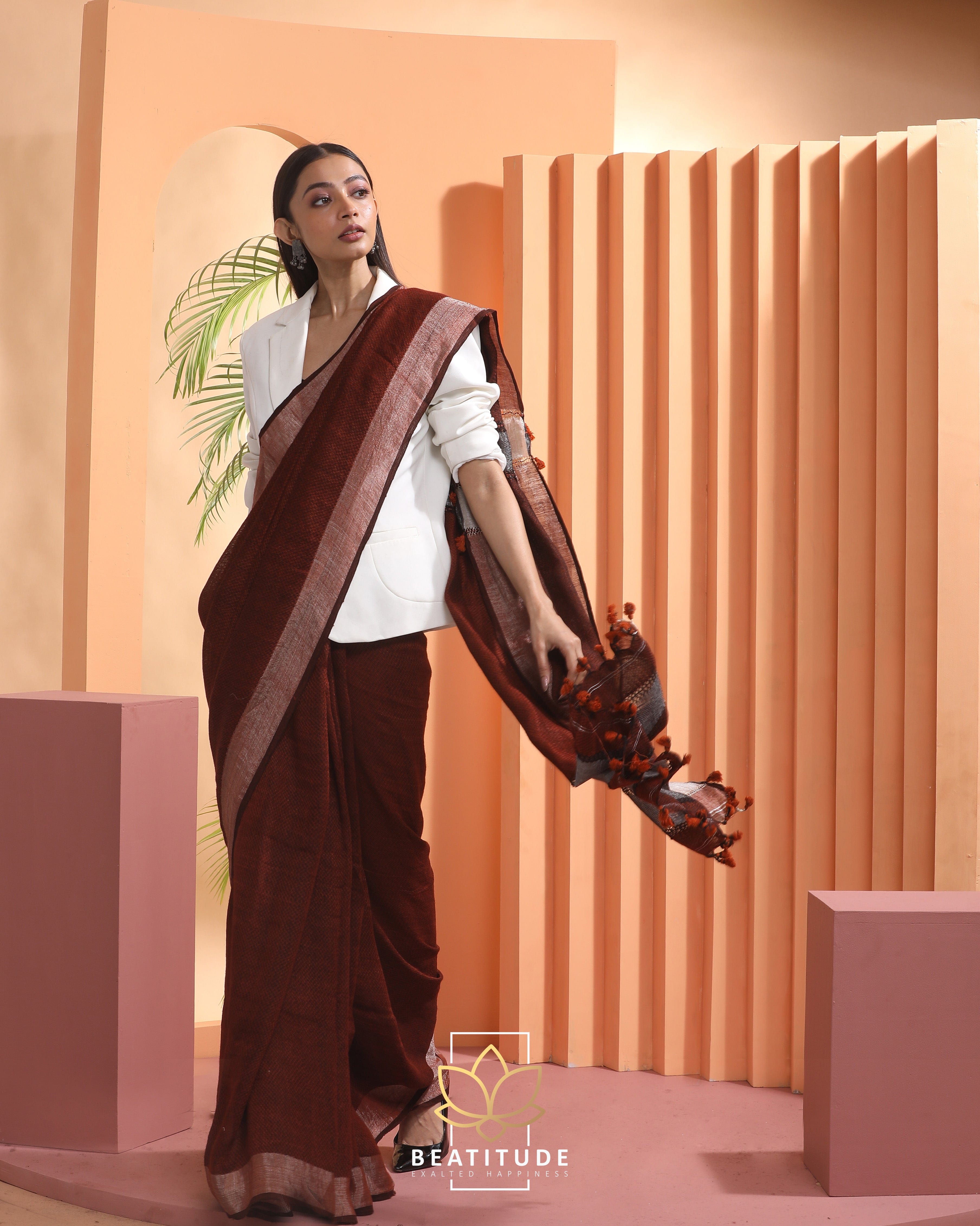 Maroon Linen Saree with Handwork - Products