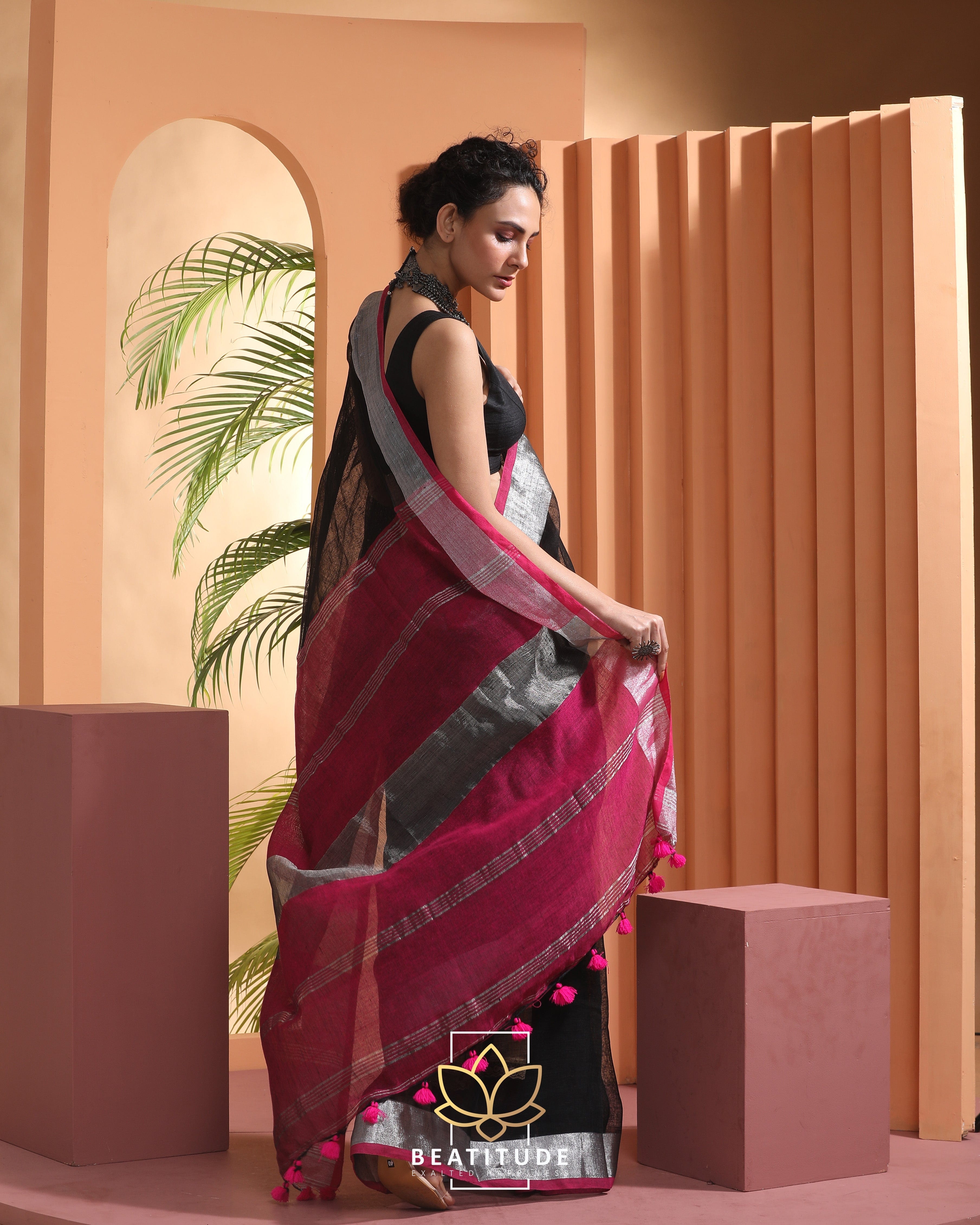 baby pink linen sarees - Loomfolks